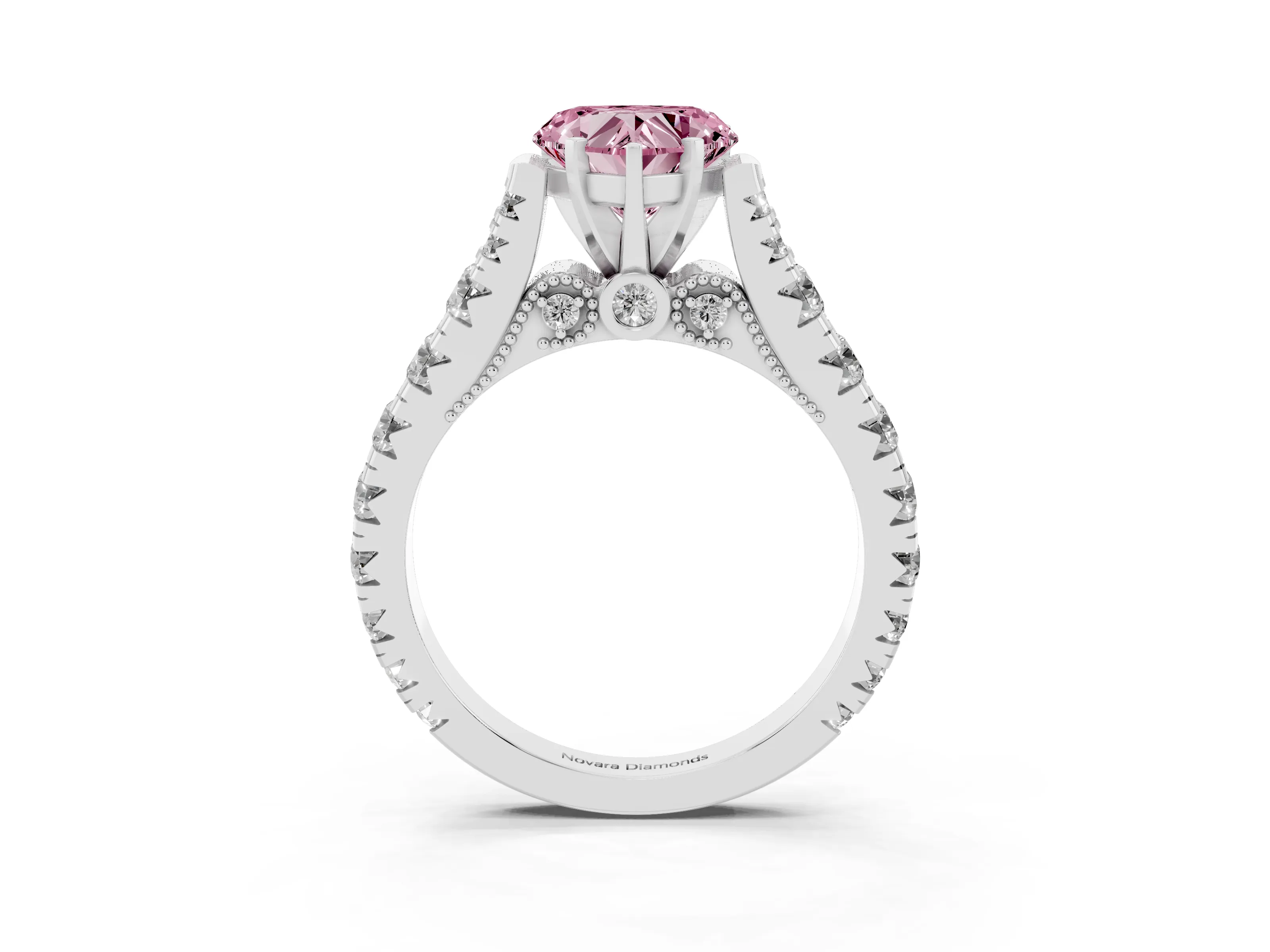 Fancy Pink Heart Cut Diamond Classic Solitaire Ring Set in Silver with Pavé Band and Prong Setting