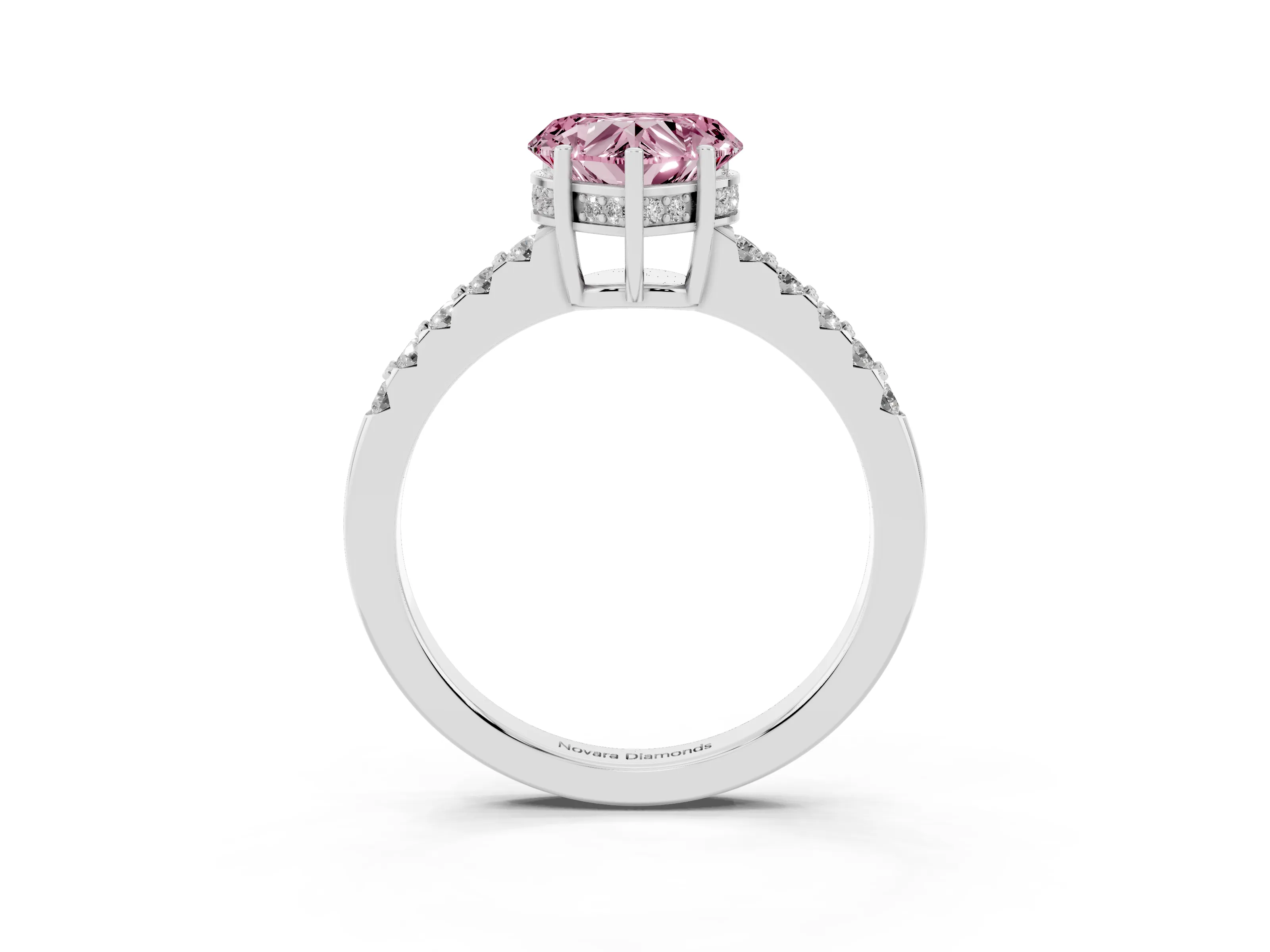 Fancy Pink Heart Cut Diamond Solitaire Engagement Ring Set in White gold with Pavé Band and Prong Setting