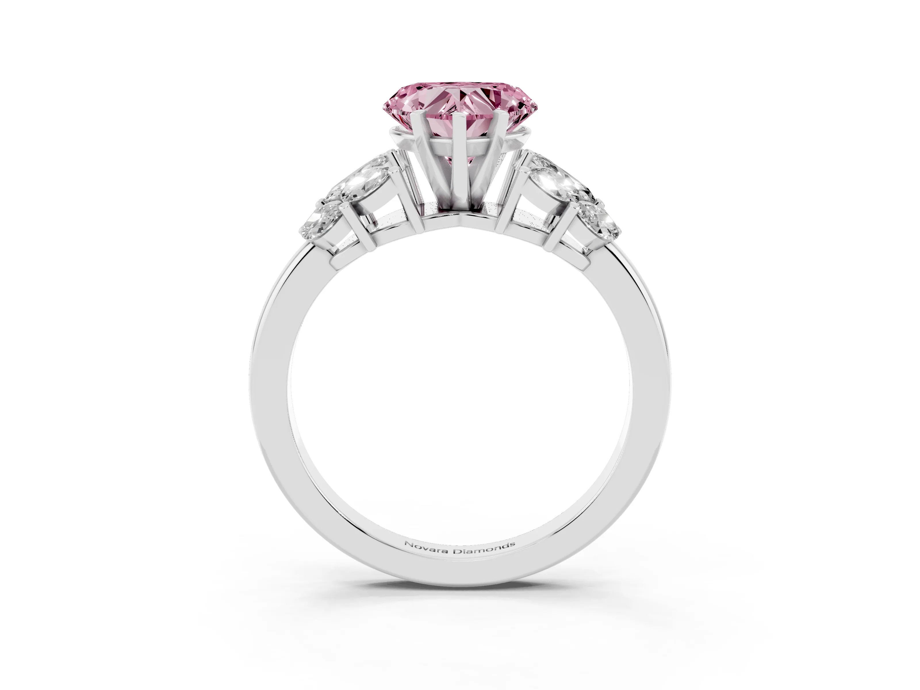 Fancy Pink Heart Cut Diamond Cluster Leaf Design Ring Set in Silver with Prong Setting