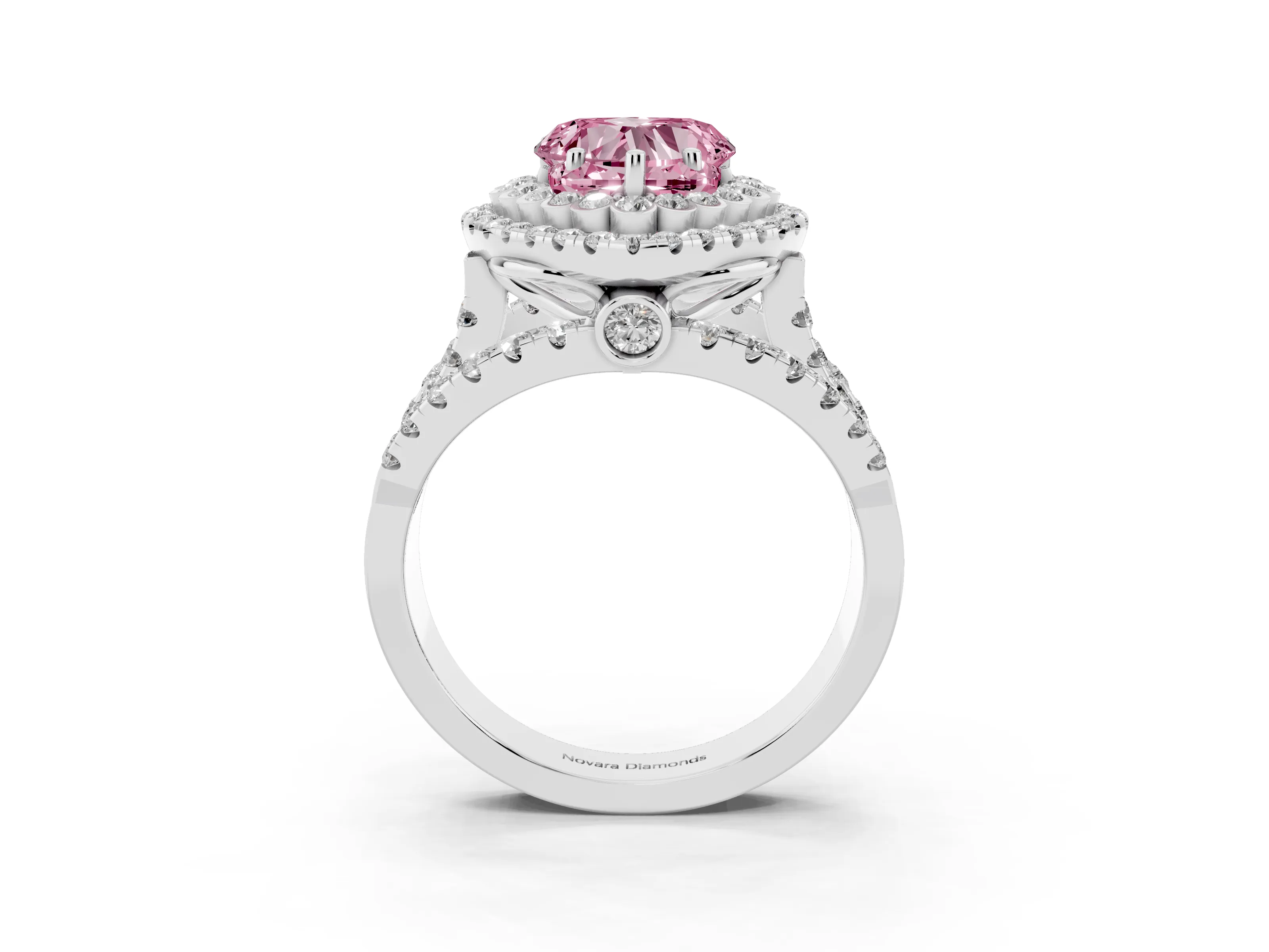 Fancy Pink Heart Cut Diamond Double Halo Ring Set in White gold with Round Pavé Split Shank