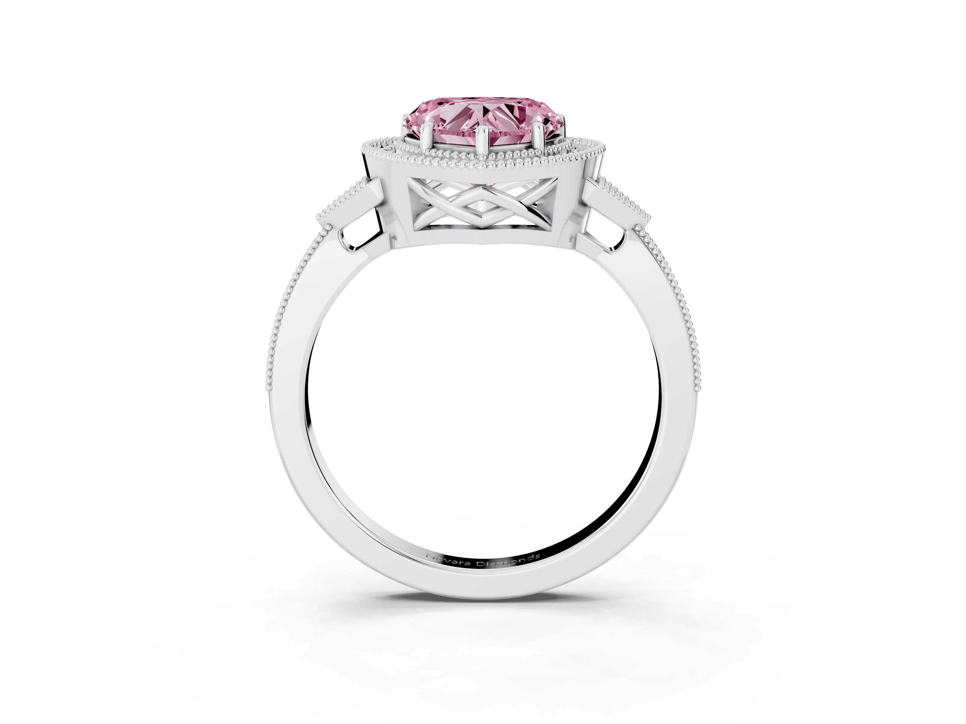 Fancy Pink Heart Cut Diamond Halo Engagement Ring Set in White gold with Milgrain Pavé Band