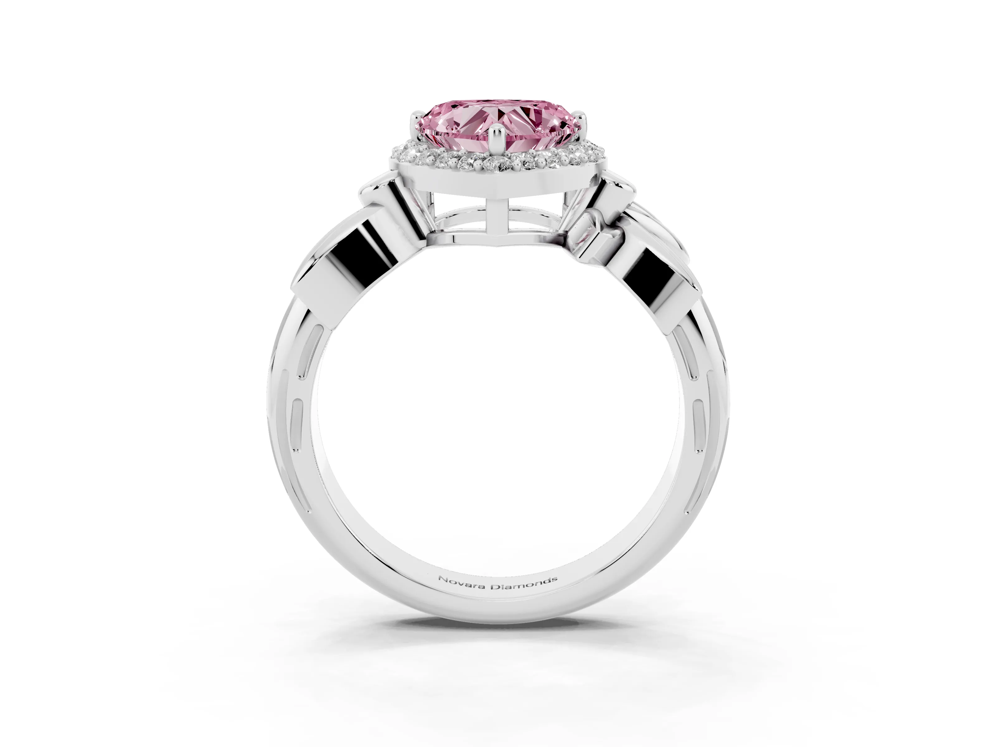 Fancy Pink Heart Cut Diamond Halo Floral Band Ring Set in White gold with Prong Setting