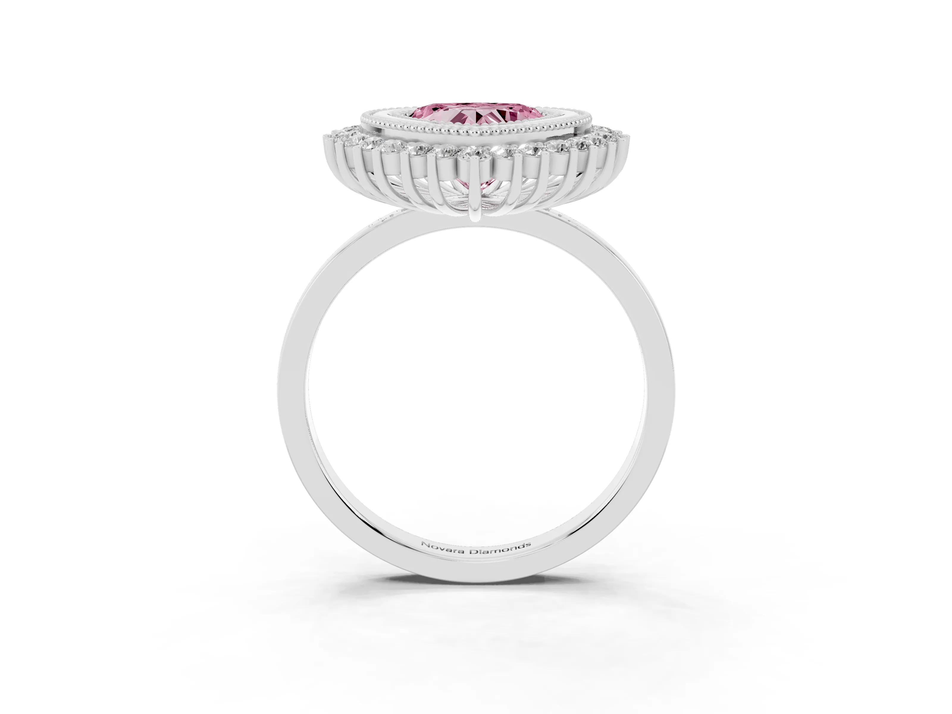 Fancy Pink Heart Cut Diamond Halo Ring Set in Platinum with Milgrain Edge and Round Prong Setting