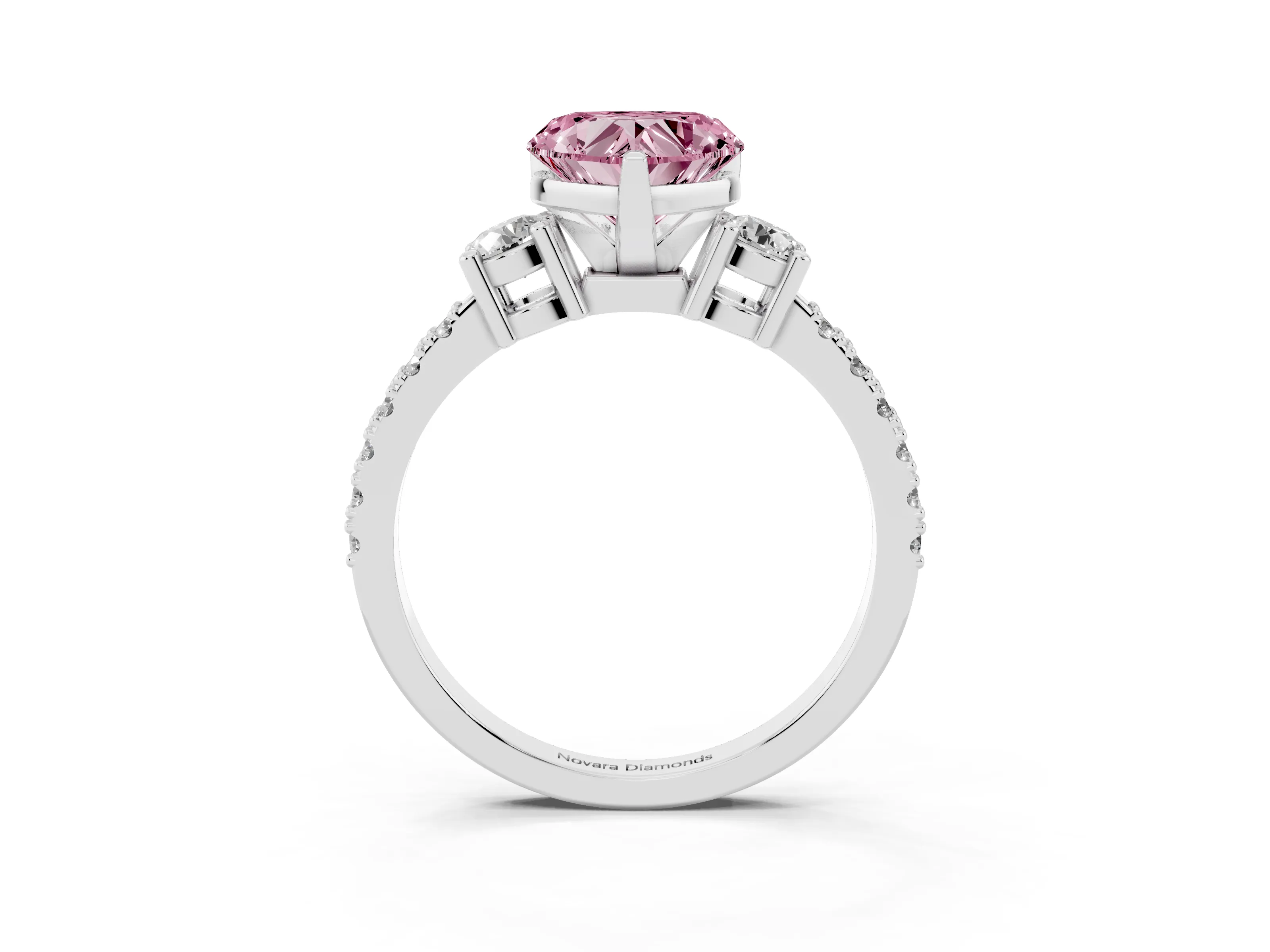 Fancy Pink Three-Stone Heart Cut Diamond Pavé Band Ring Set in White gold with Prong Setting