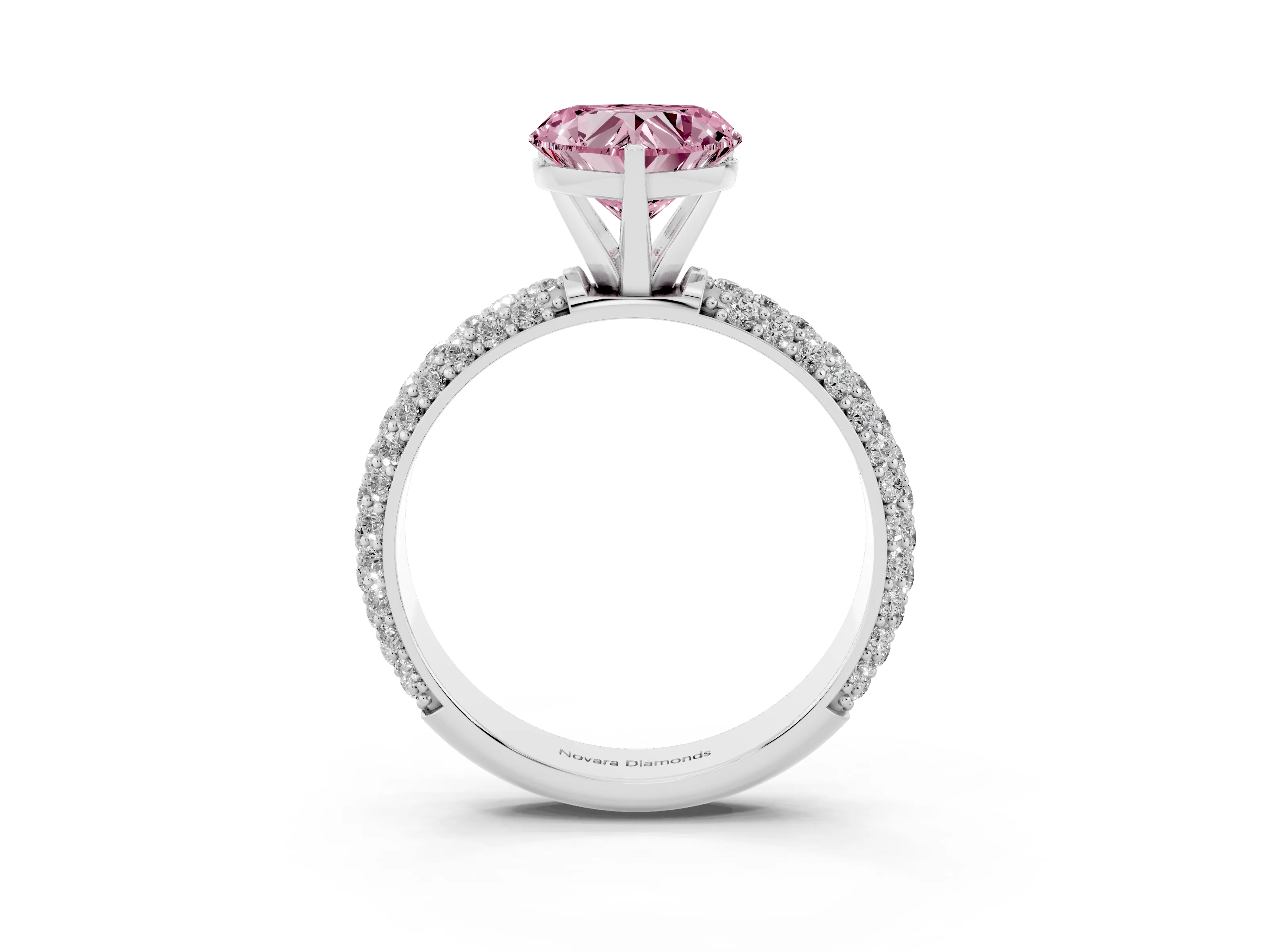 Fancy Pink Heart Cut Diamond Solitaire Ring Set in Silver with Prong Setting and Pavé-Set Band