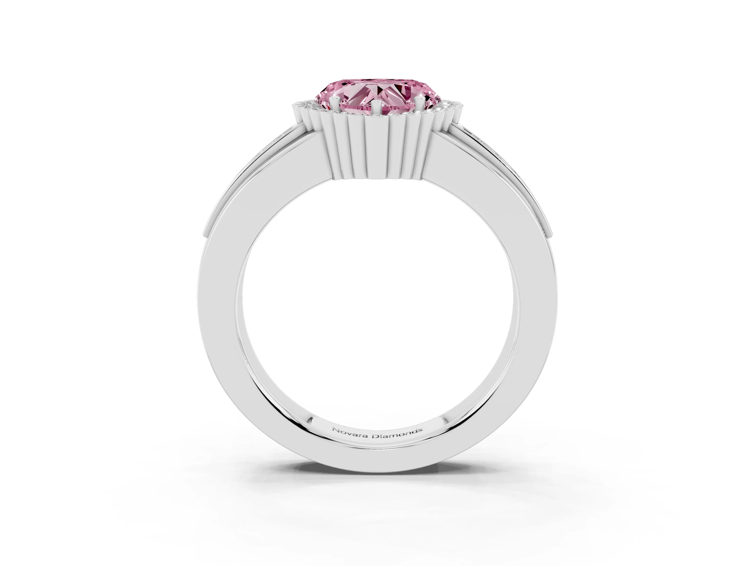 Fancy Pink Heart Cut Diamond Halo Prong Ring Set in White gold with Pavé Band