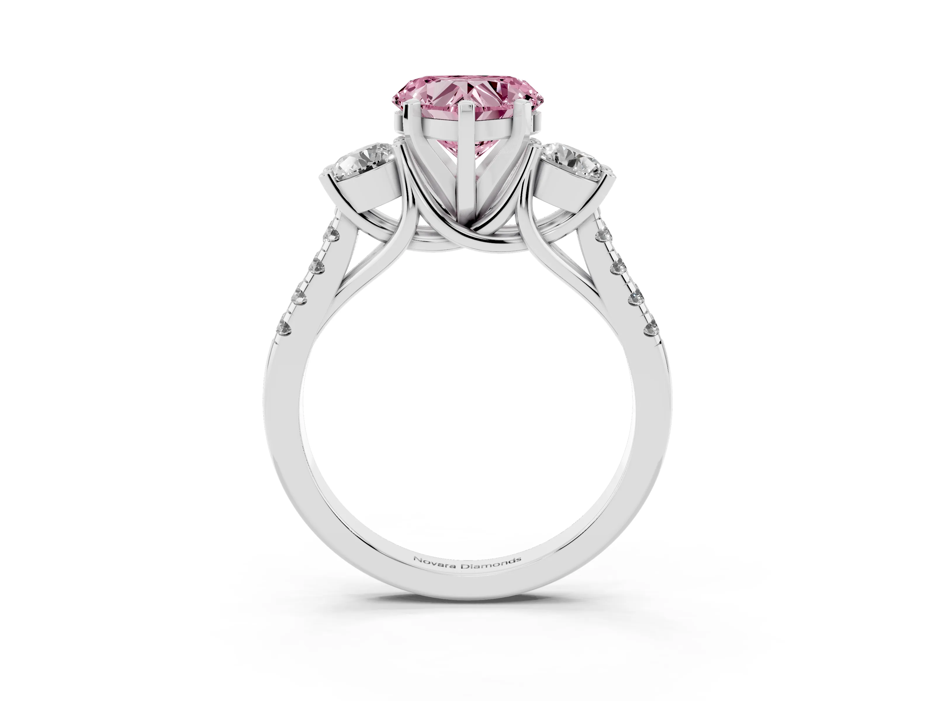 Fancy Pink Three-Stone Heart Cut Diamond Pavé Band Ring Set in Platinum with Prong-Set Trio
