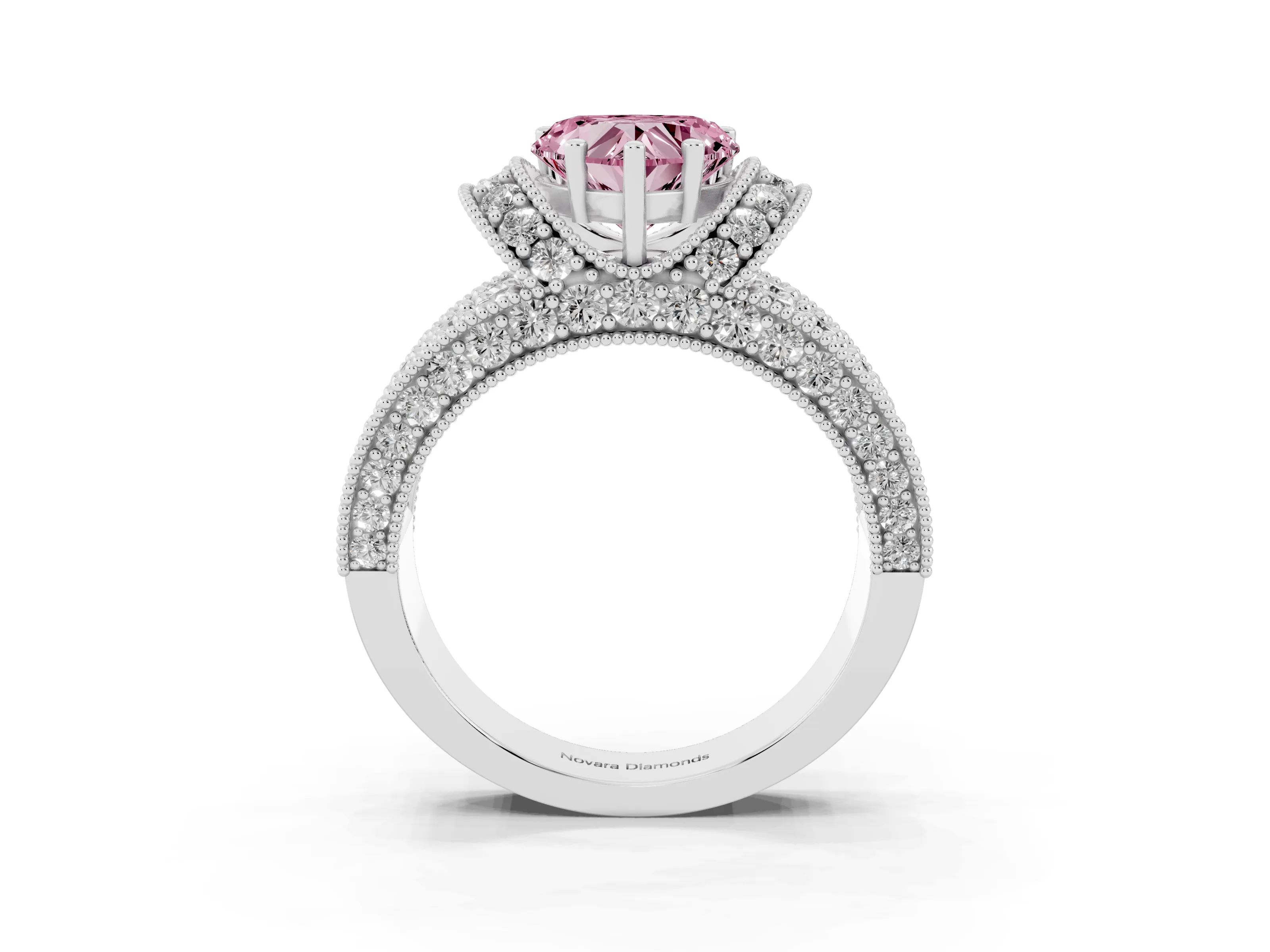 Fancy Pink Heart Cut Diamond Milgrain Halo Pavé Engagement Ring Set in Silver with Prong Setting
