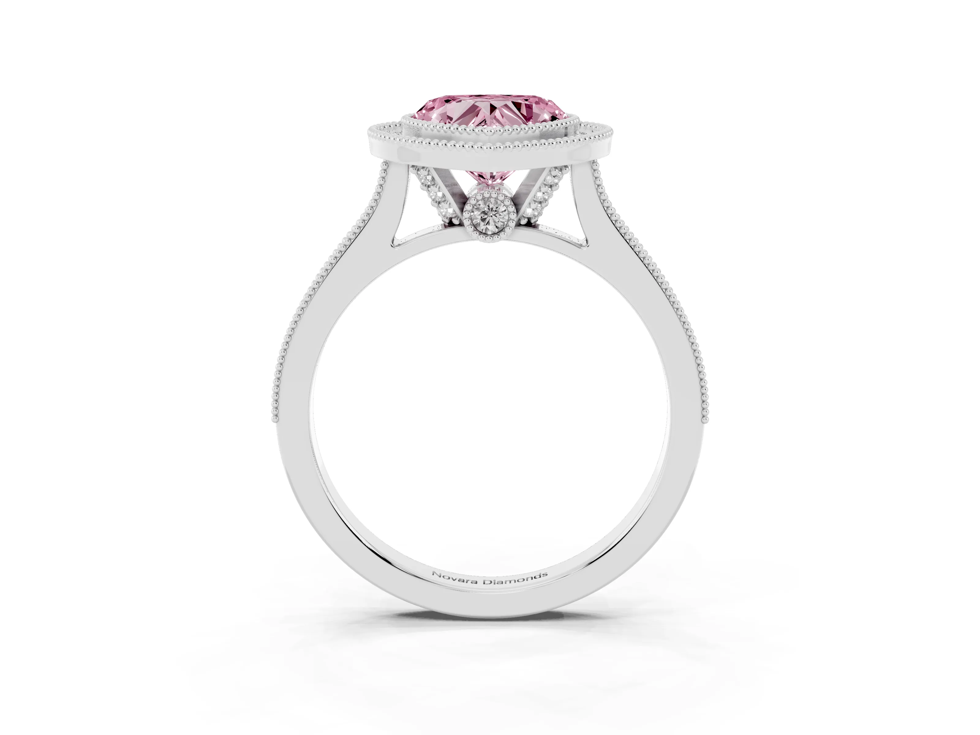 Fancy Pink Heart Cut Diamond Halo Milgrain Pavé Band Ring Set in Platinum with Prong Setting