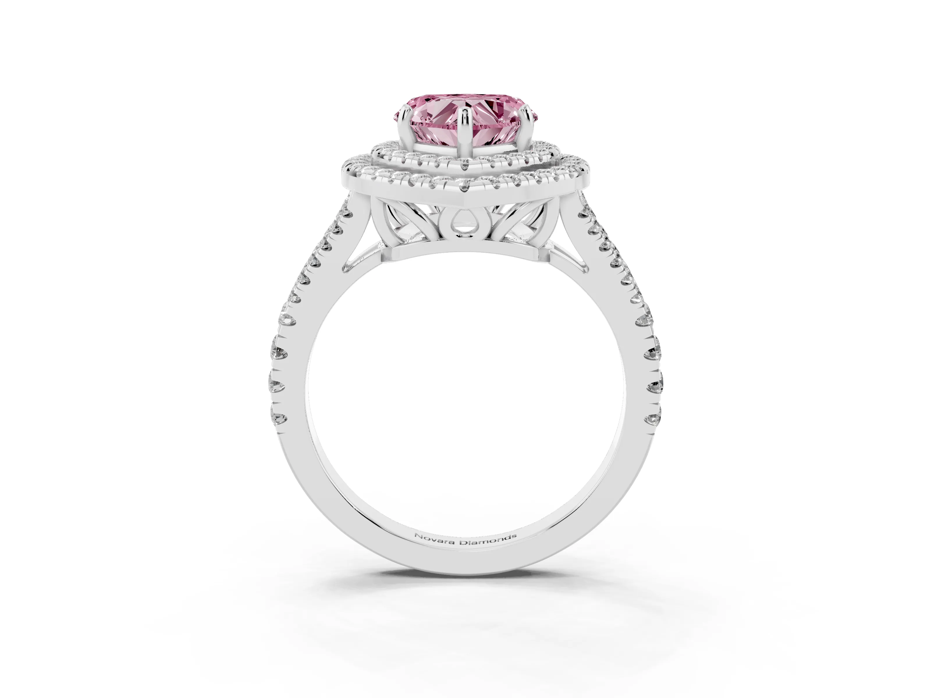 Fancy Pink Heart Cut Diamond Double Halo Ring Set in Silver with Pavé Band