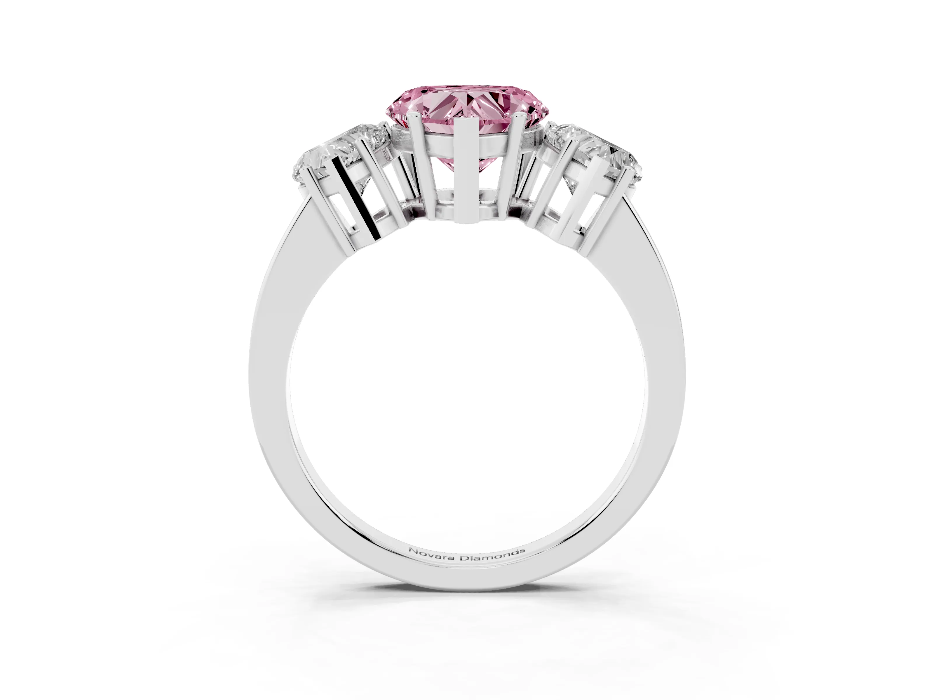 Fancy Pink Heart Cut Diamond Three-Stone Engagement Ring Set in Platinum with Flat Band