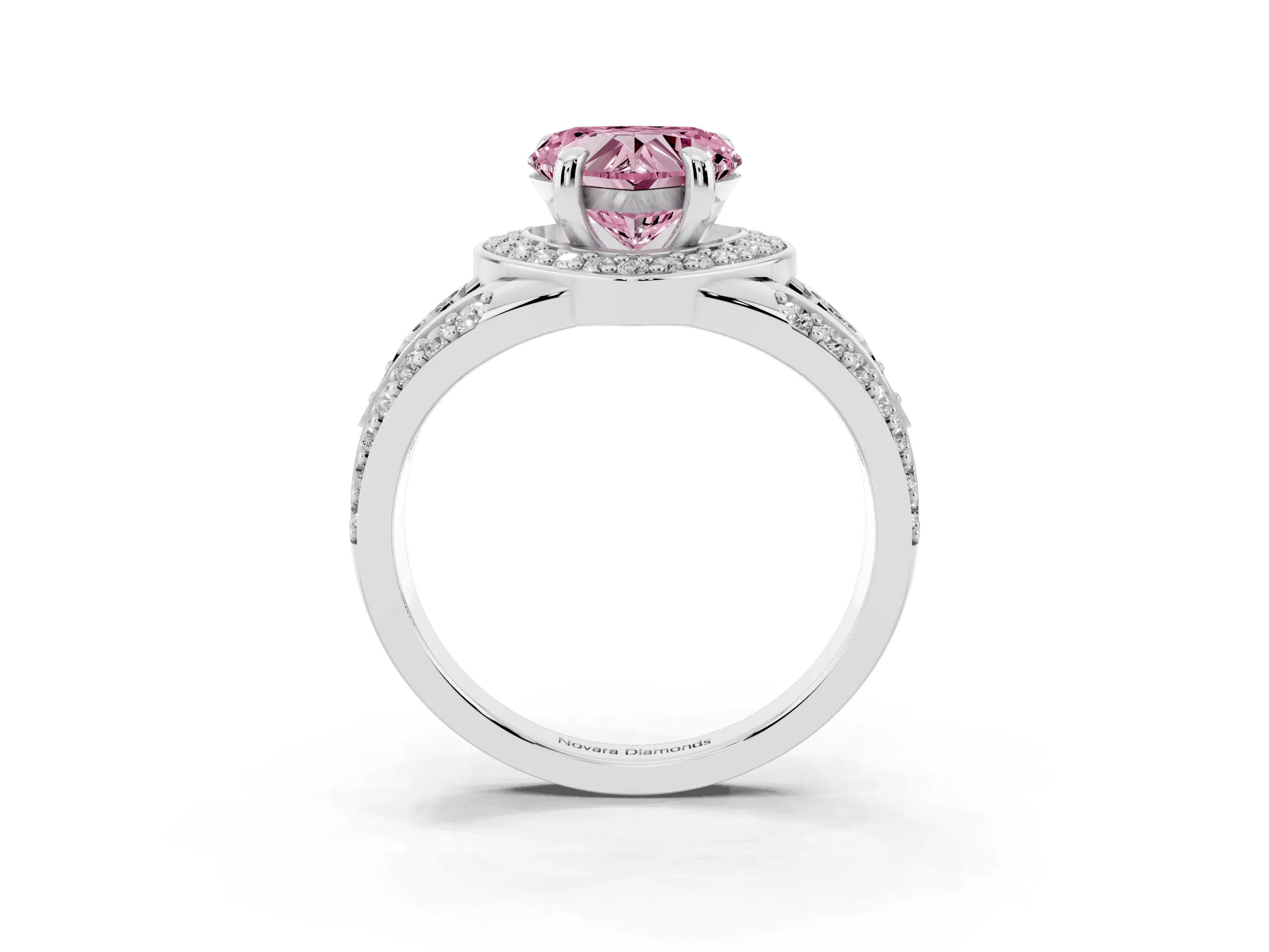 Fancy Pink Heart Cut Diamond Halo Ring Set in Silver with Pavé Split Shank and Bezel Accents