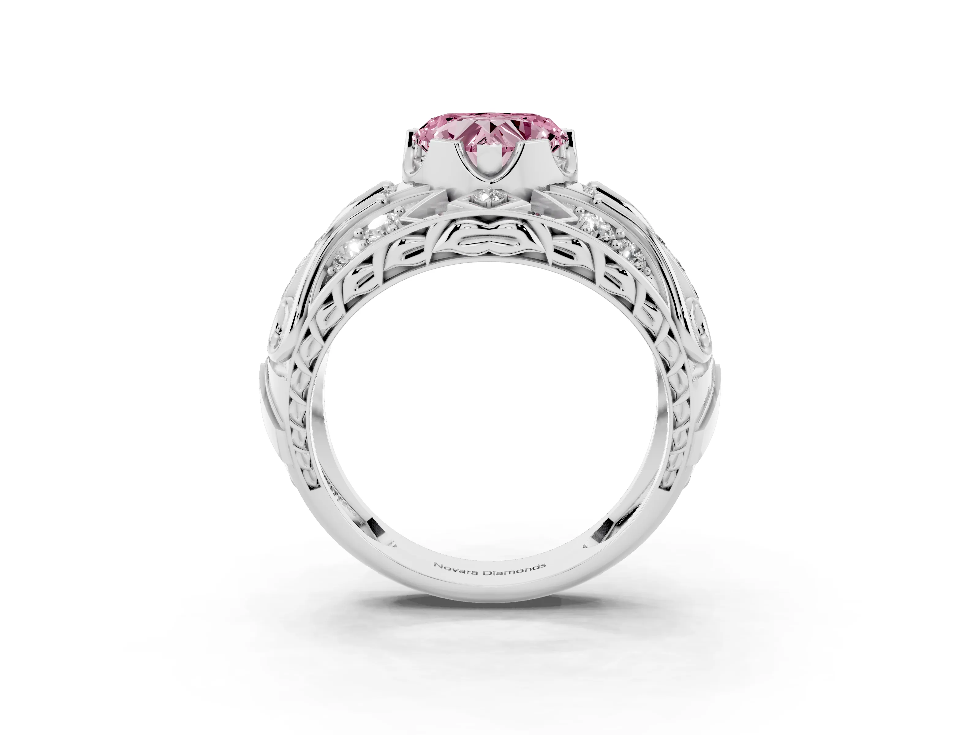 Fancy Pink Heart Cut Diamond Art Deco Ring Set in White gold with Pavé Split Shank