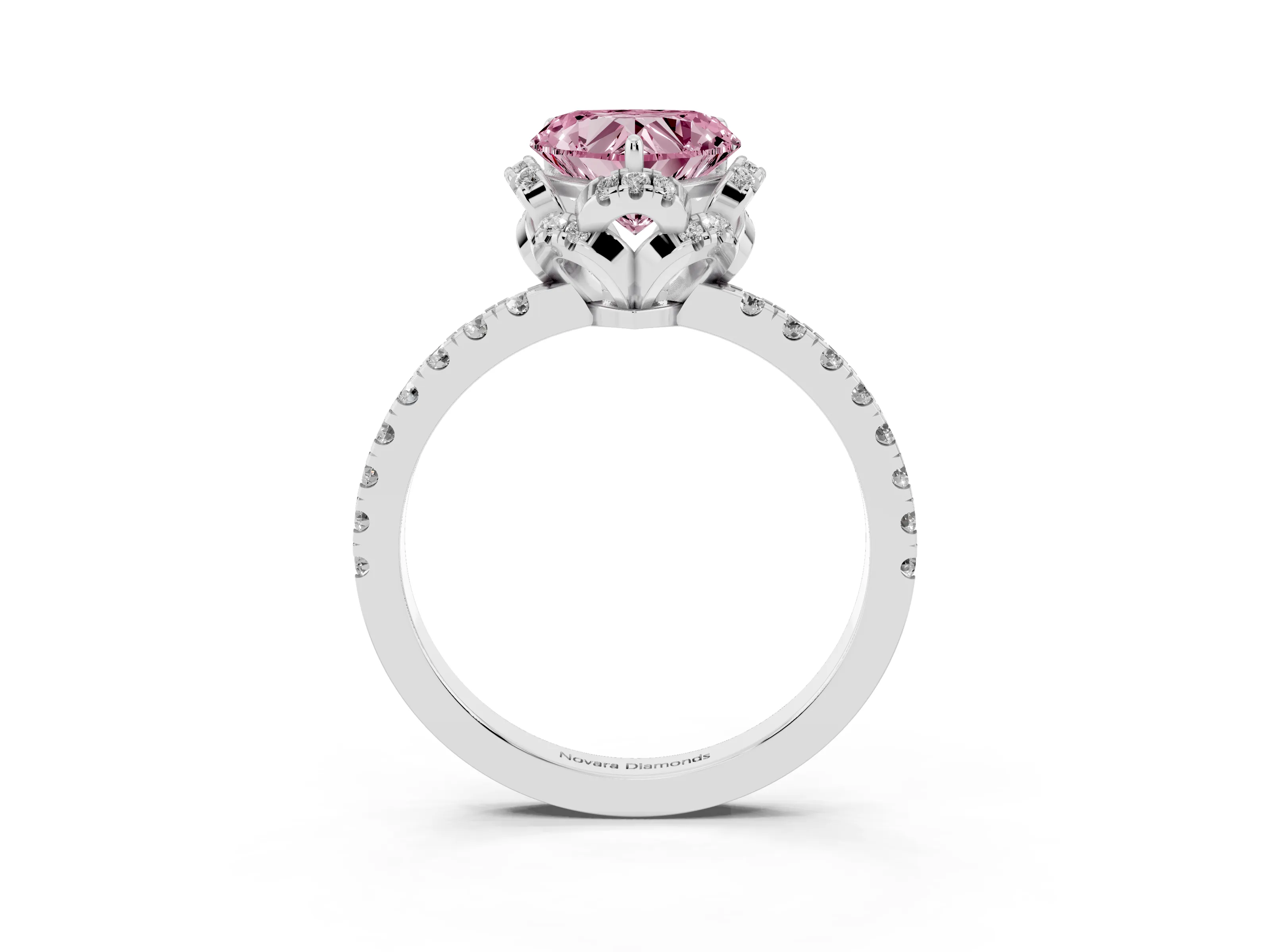 Fancy Pink Heart Cut Diamond Halo Pavé Band Ring Set in Platinum with Prong-Held Center