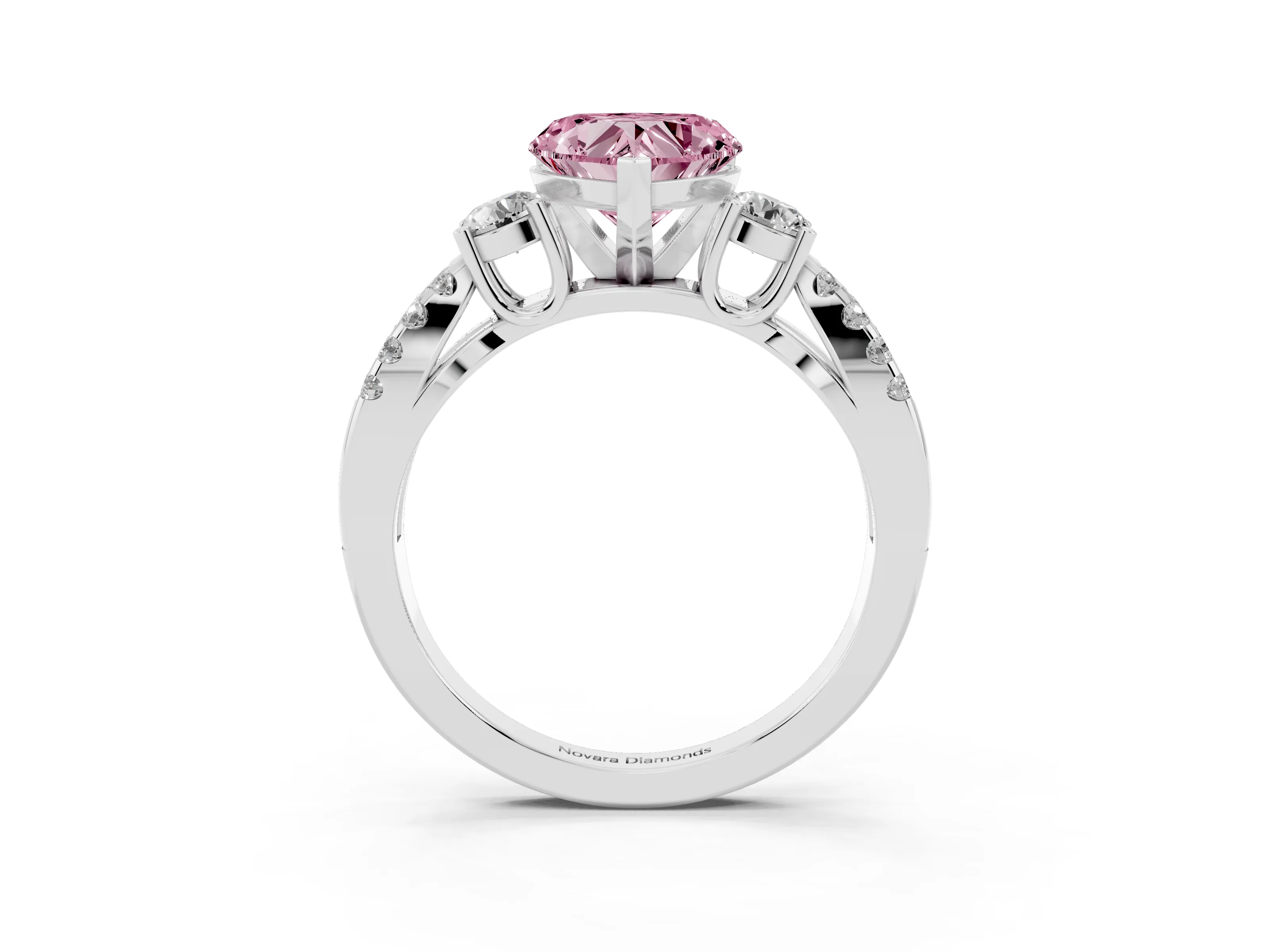 Fancy Pink Heart Cut Diamond Three-Stone Ring Set in Silver with Pavé Split Shank and Prong Setting