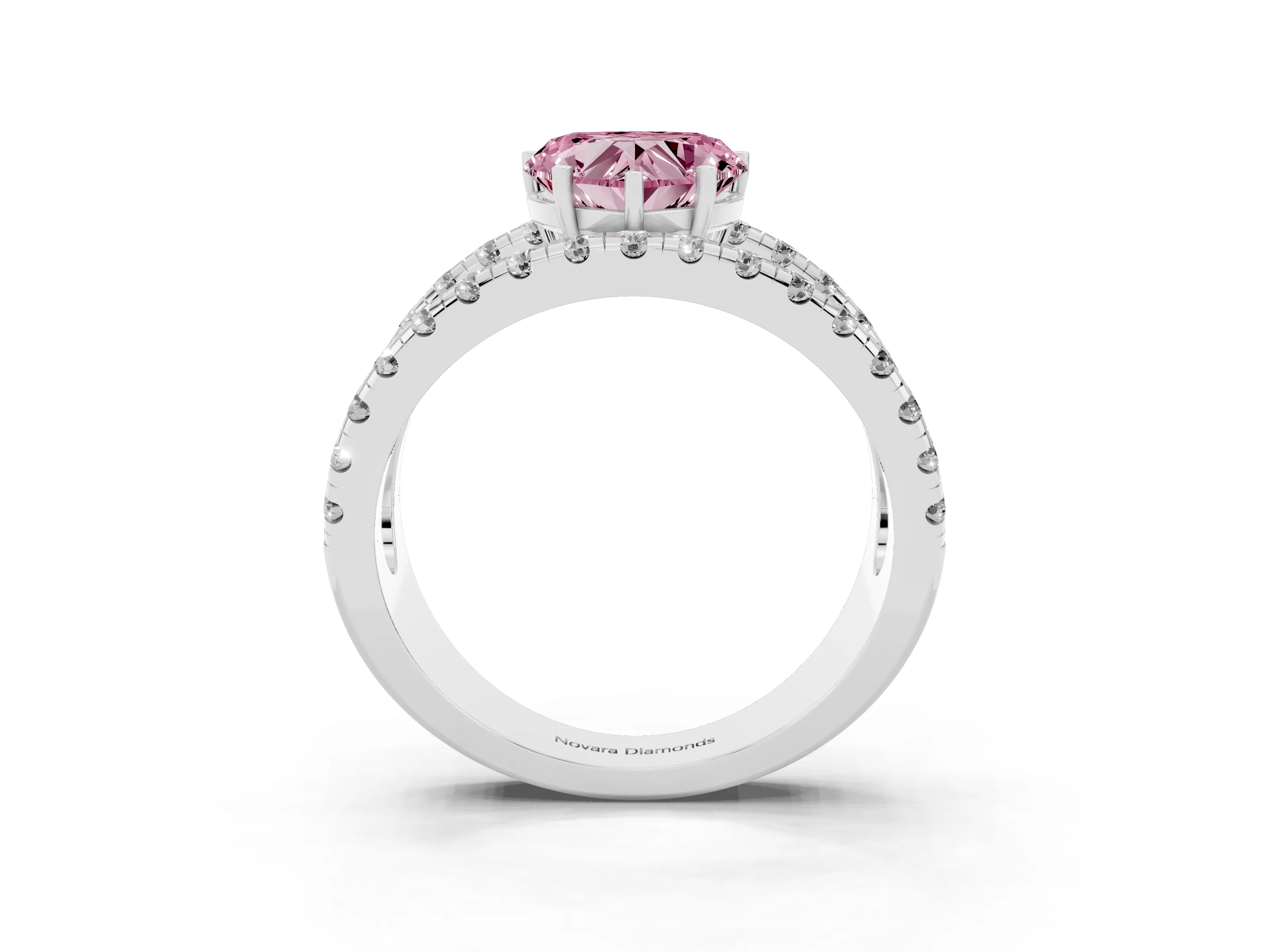 Fancy Pink Heart Cut Diamond Split Shank Pavé Solitaire Ring Set in Silver with Open Shank Design