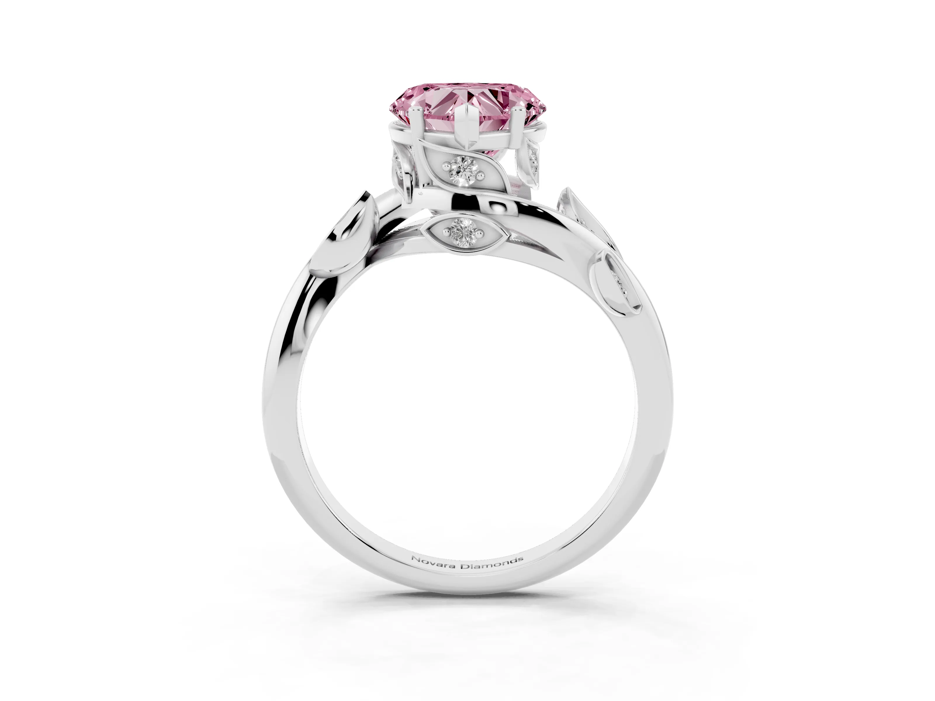 Fancy Pink Heart Cut Diamond Solitaire Twist Engagement Ring Set in White gold with Pavé Leaf Accents