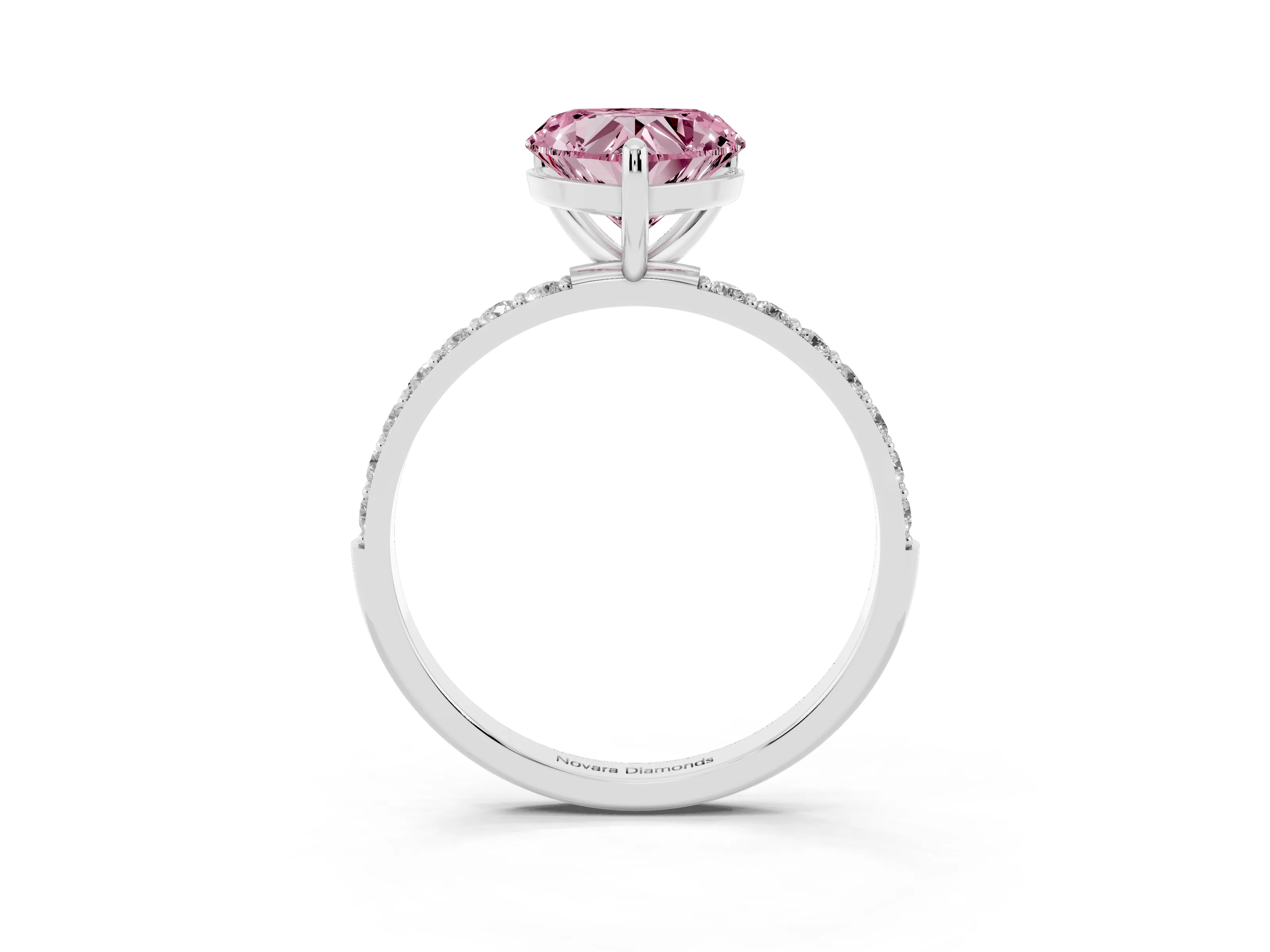 Fancy Pink Heart Cut Diamond Solitaire Ring Set in Platinum with Round Pavé Band and Prong Setting