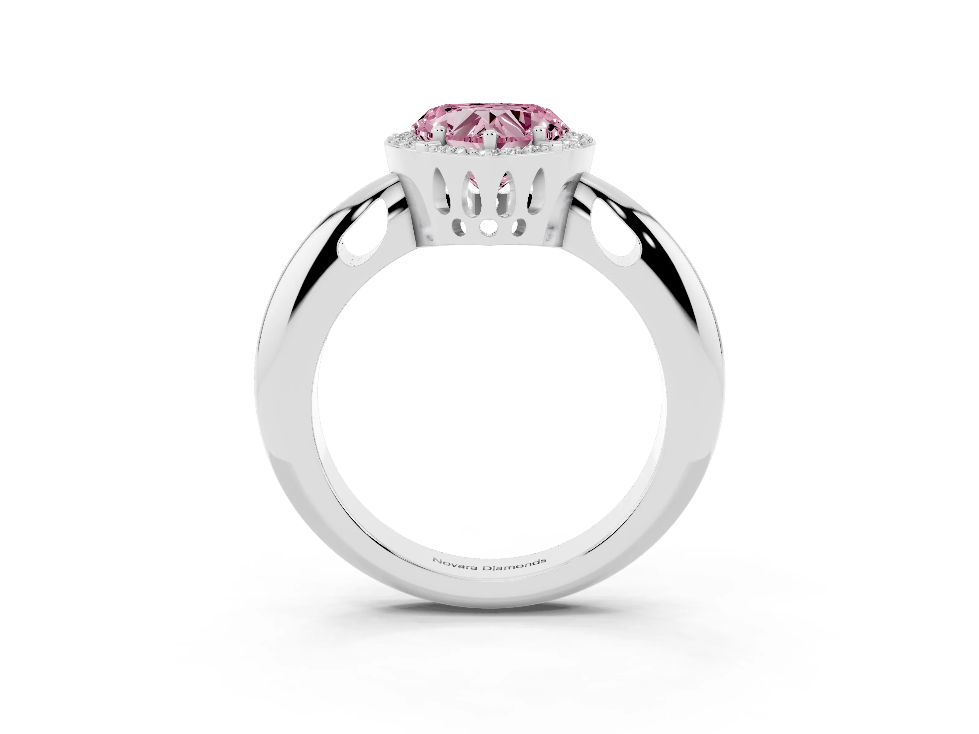 Fancy Pink Heart Cut Diamond Halo Engagement Ring Set in Silver with Plain Split Shank and Prong Setting