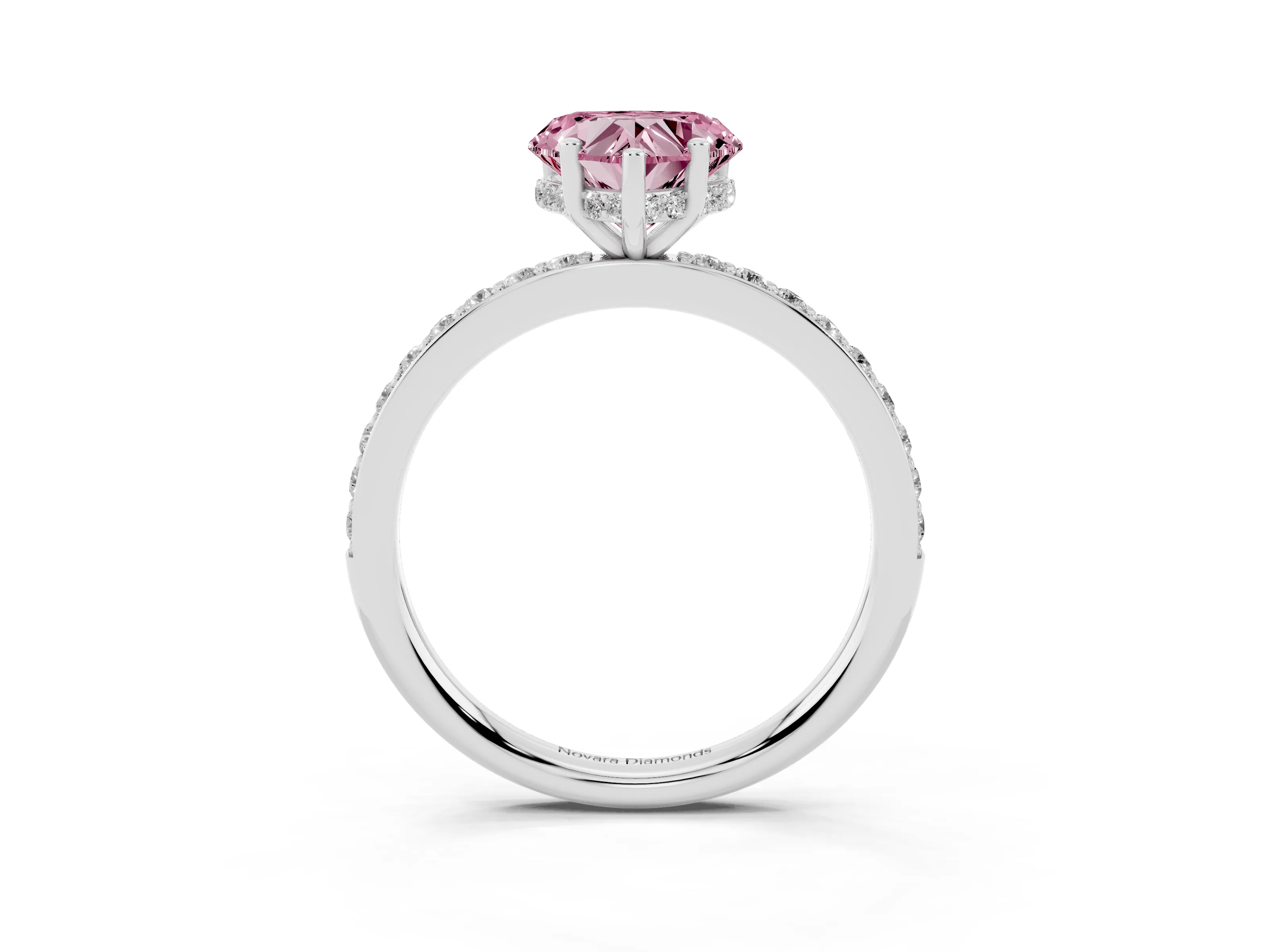 Fancy Pink Heart Cut Diamond Pavé Band Ring Set in White gold with Prong-Set Center Stone