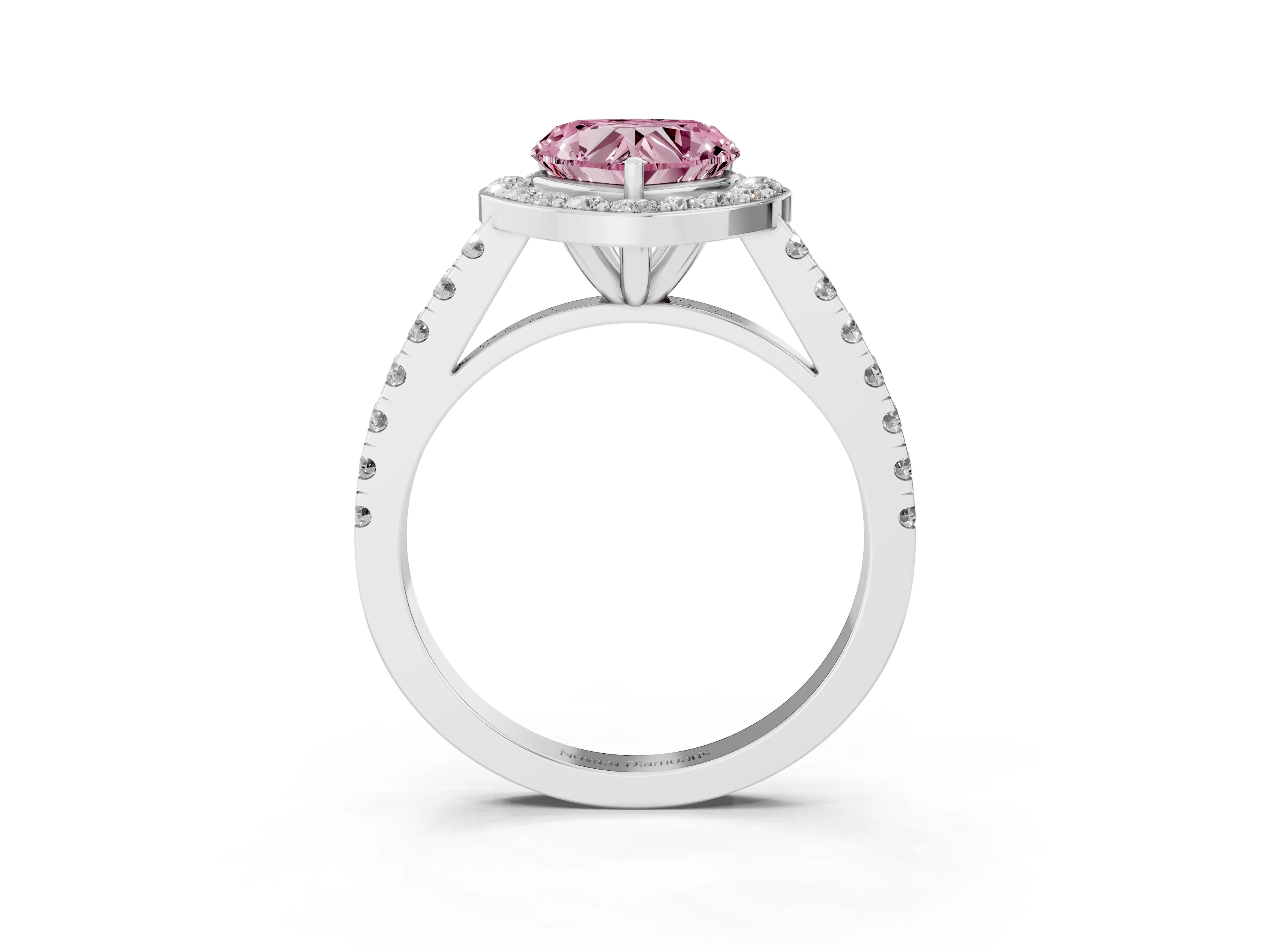 Fancy Pink Heart Cut Diamond Halo Ring Set in Platinum with Round Pavé Split Shank and Prong Setting