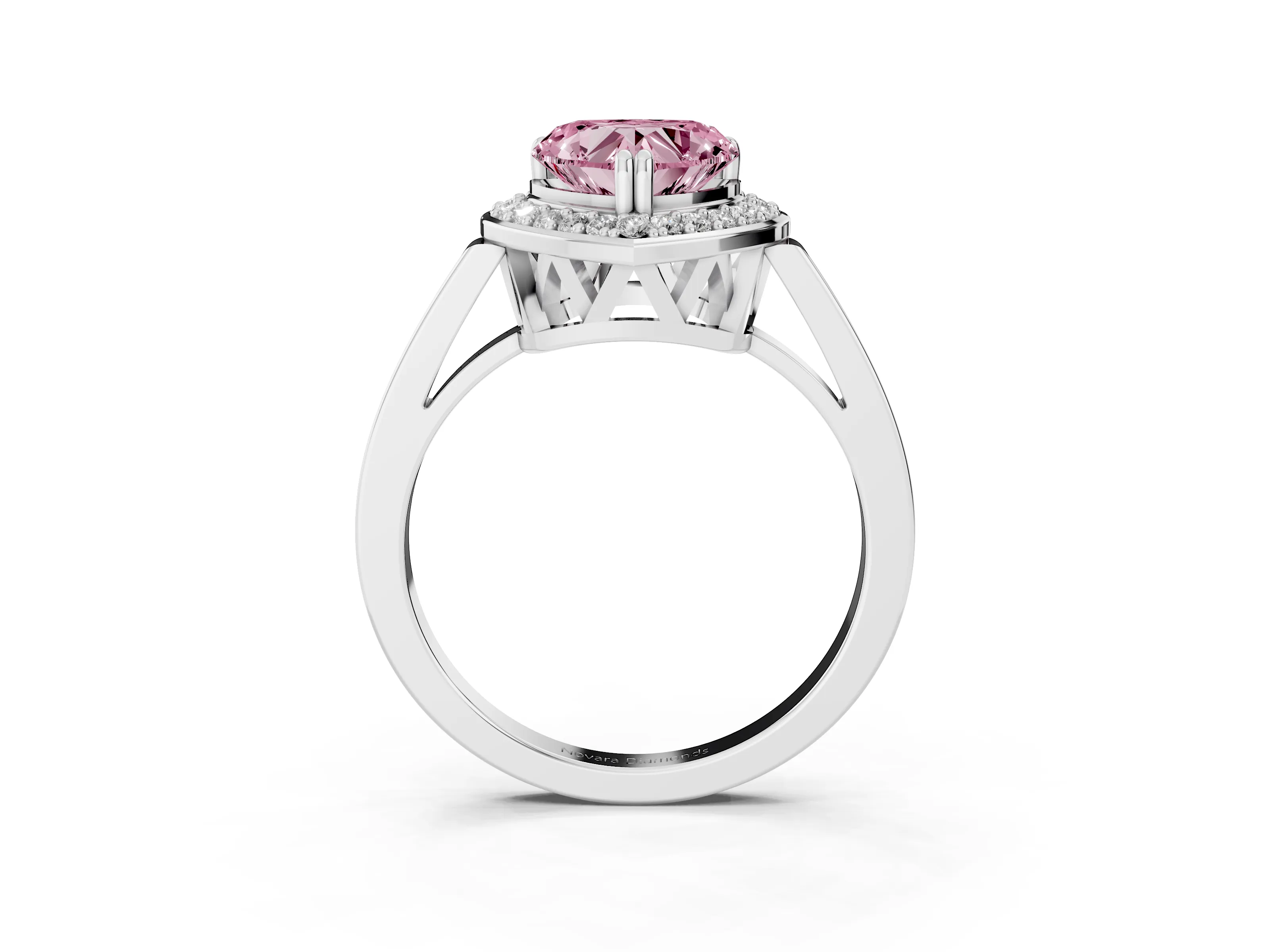 Fancy Pink Heart Cut Diamond Halo Ring Set in White gold with Accent-Lined Split Shank and Prong Setting