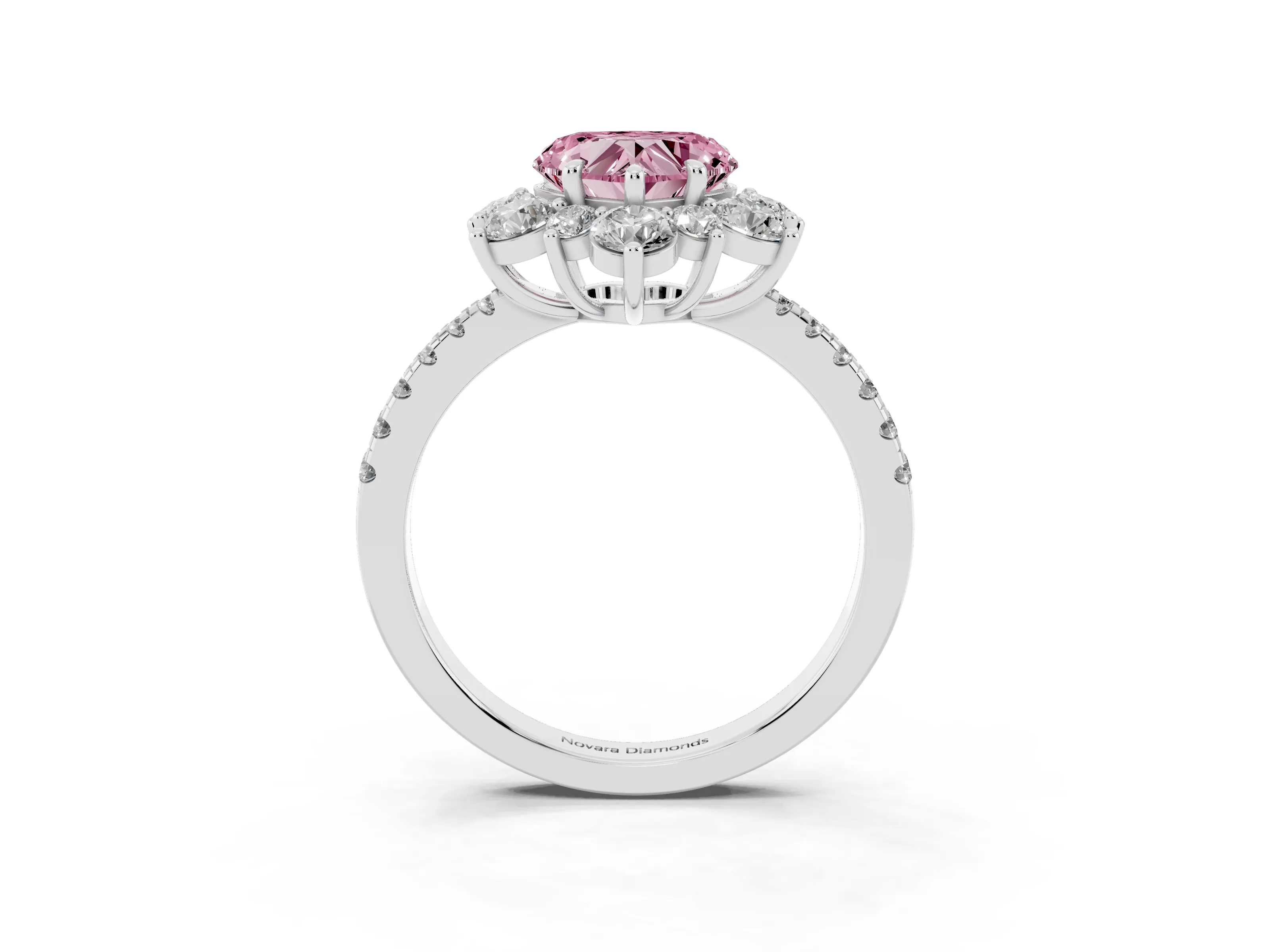 Fancy Pink Heart Cut Diamond Floral Halo Ring Set in Platinum with Round Pavé Band and Prong Setting