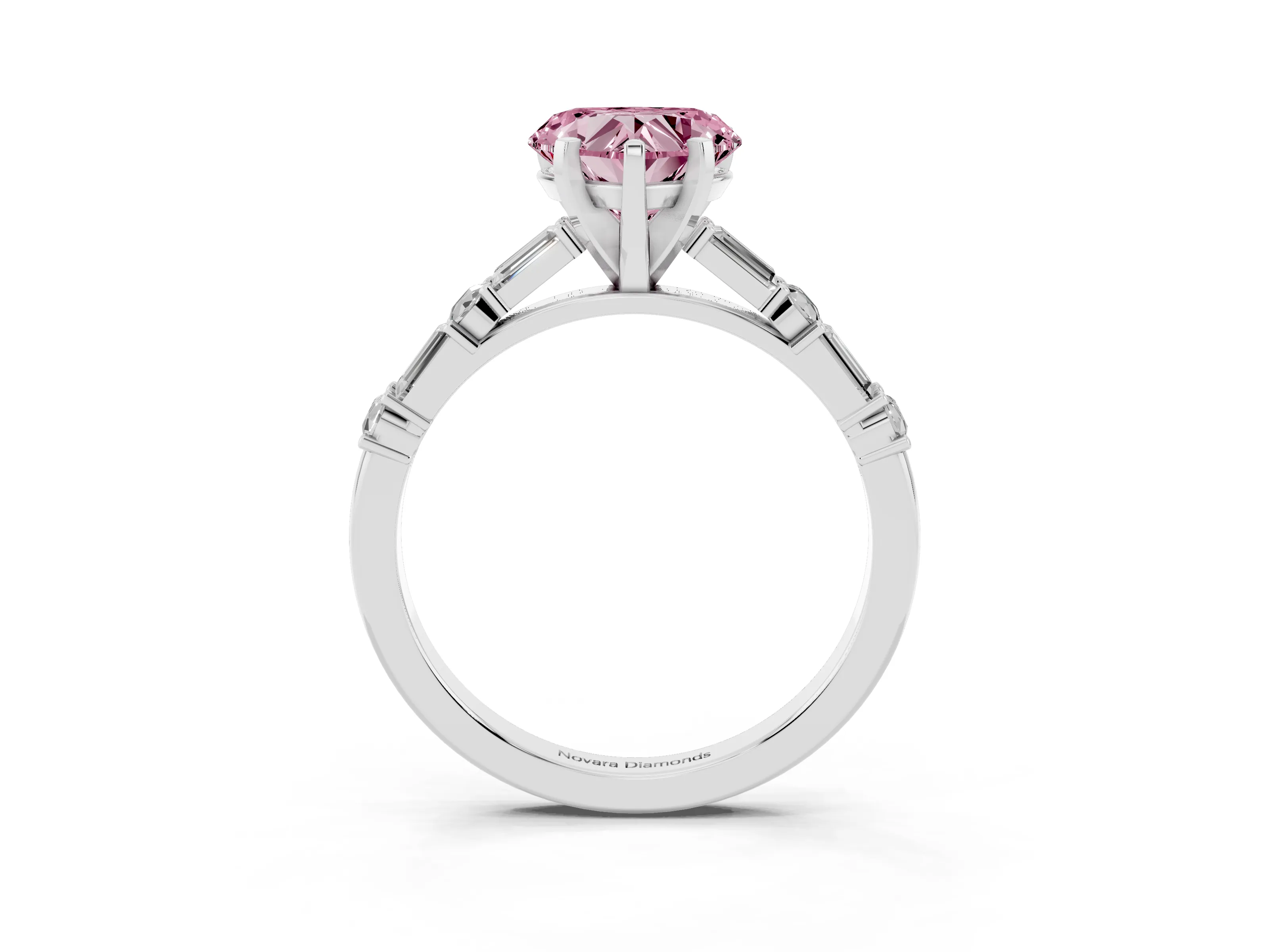 Fancy Pink Heart Cut Diamond Solitaire Set in Silver with Side Baguettes and Channel Set Band