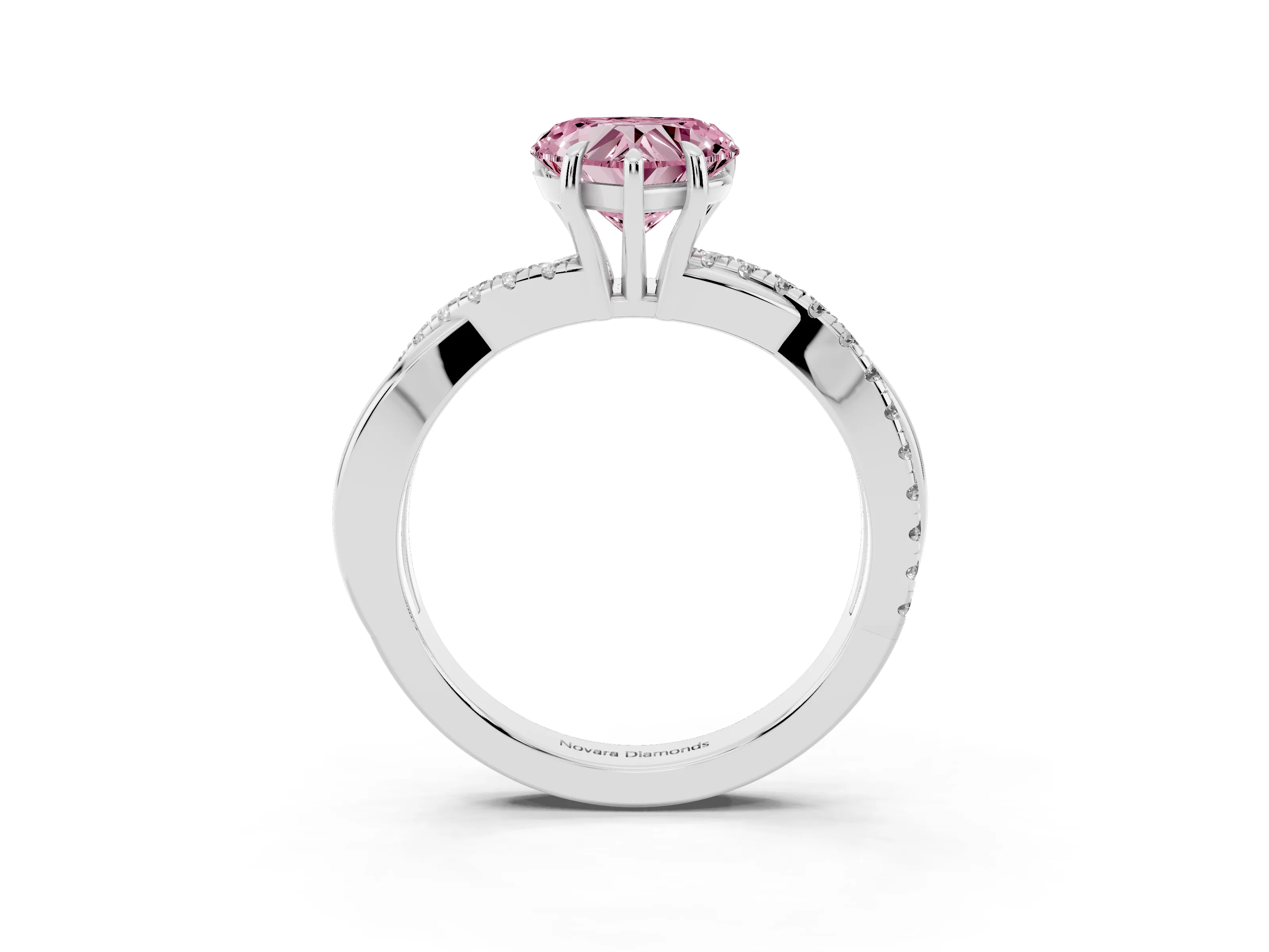 Fancy Pink Heart Cut Diamond Twisted Pavé Band Ring Set in Silver with Prong Setting