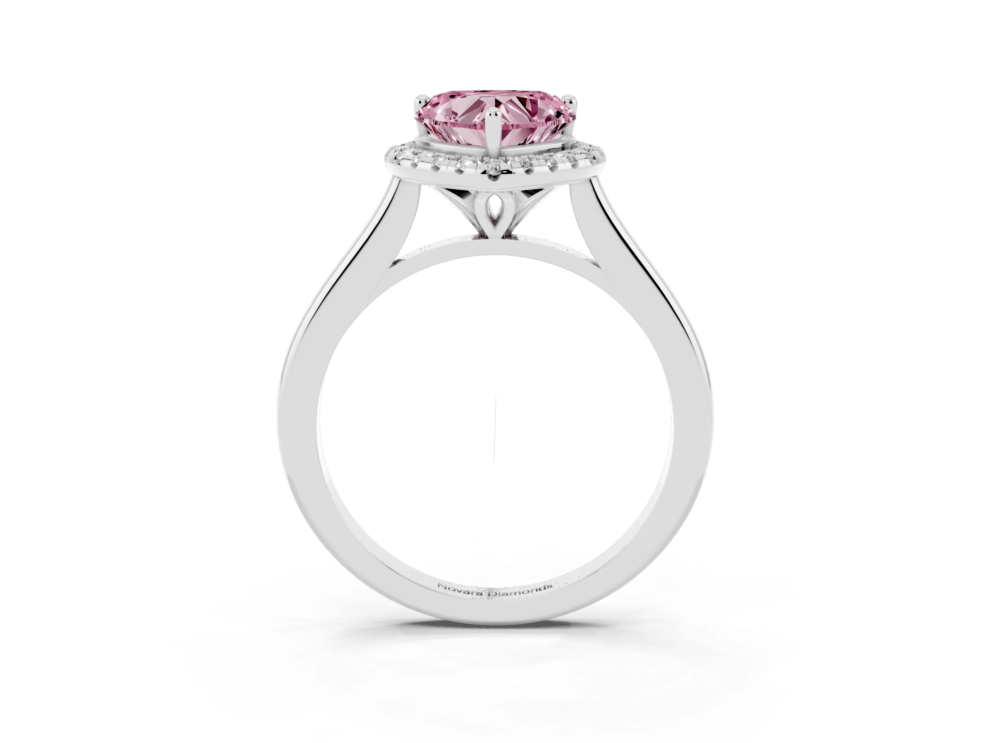 Fancy Pink Heart Cut Diamond Halo Engagement Ring Set in Platinum with Pavé Band and Rising Shoulders