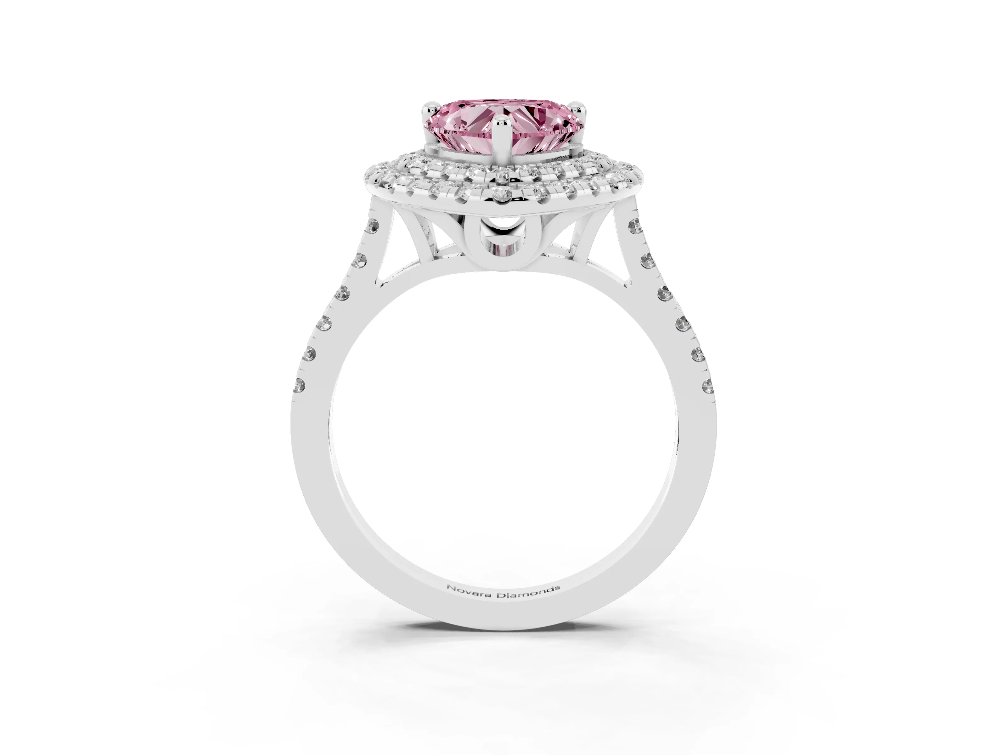 Fancy Pink Heart Cut Diamond Double Halo Statement Ring Set in White gold with Pavé Band
