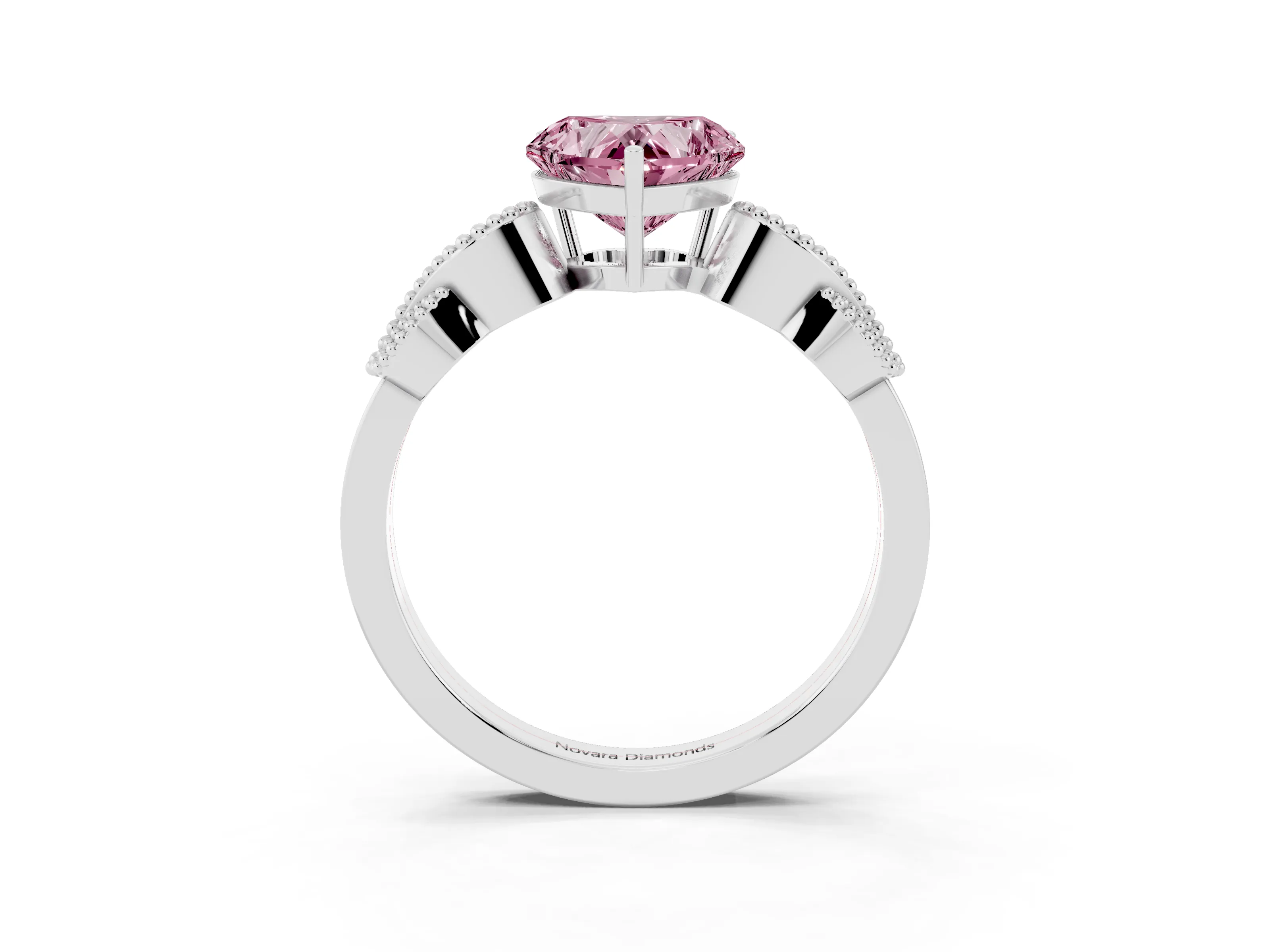 Fancy Pink Heart Cut Diamond Milgrain Leaf Band Solitaire Ring Set in White gold with Accent Stones and Prong Setting