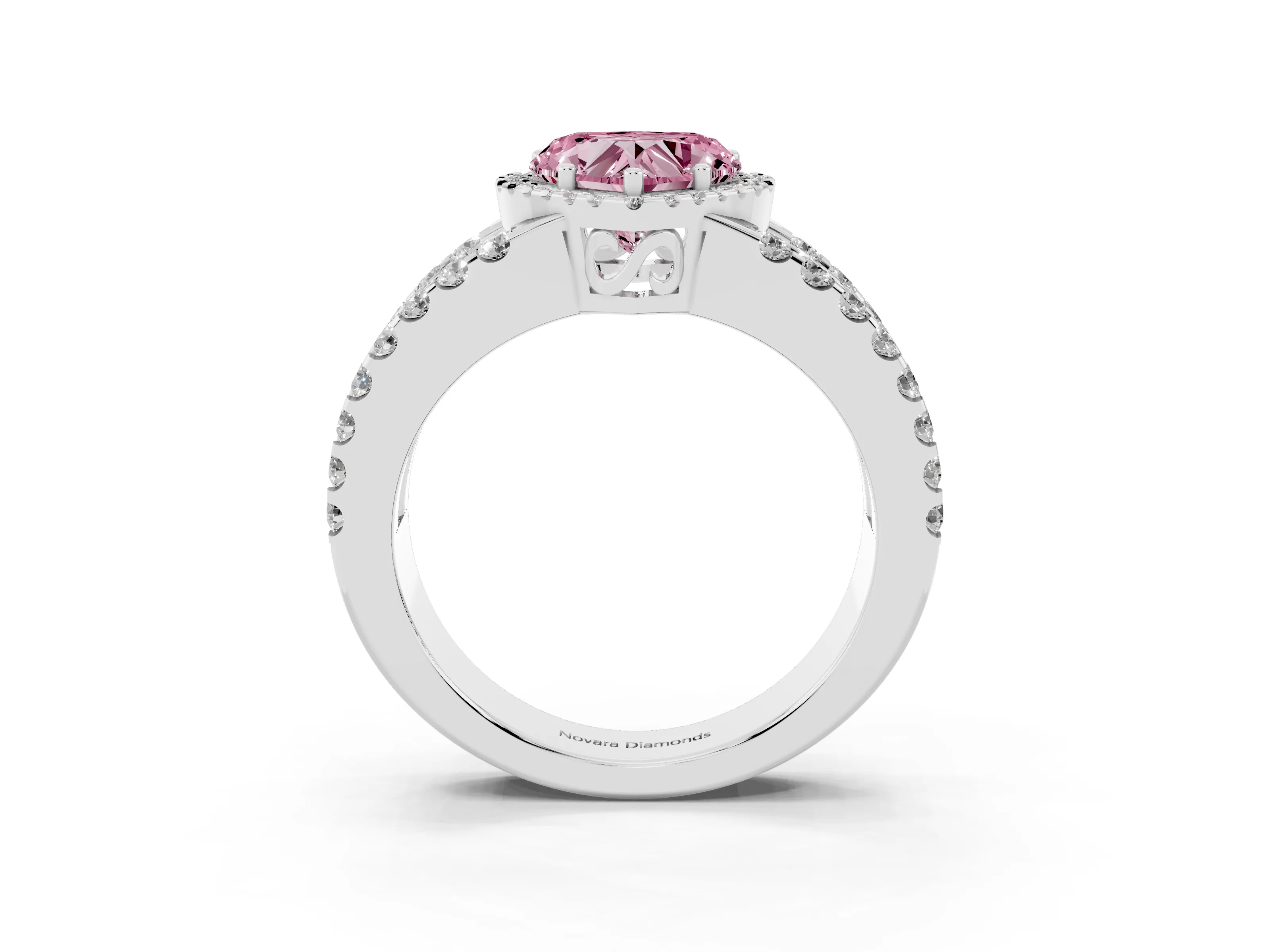 Fancy Pink Heart Cut Diamond Halo Ring Set in Platinum with Pavé Split Shank and Prong Setting