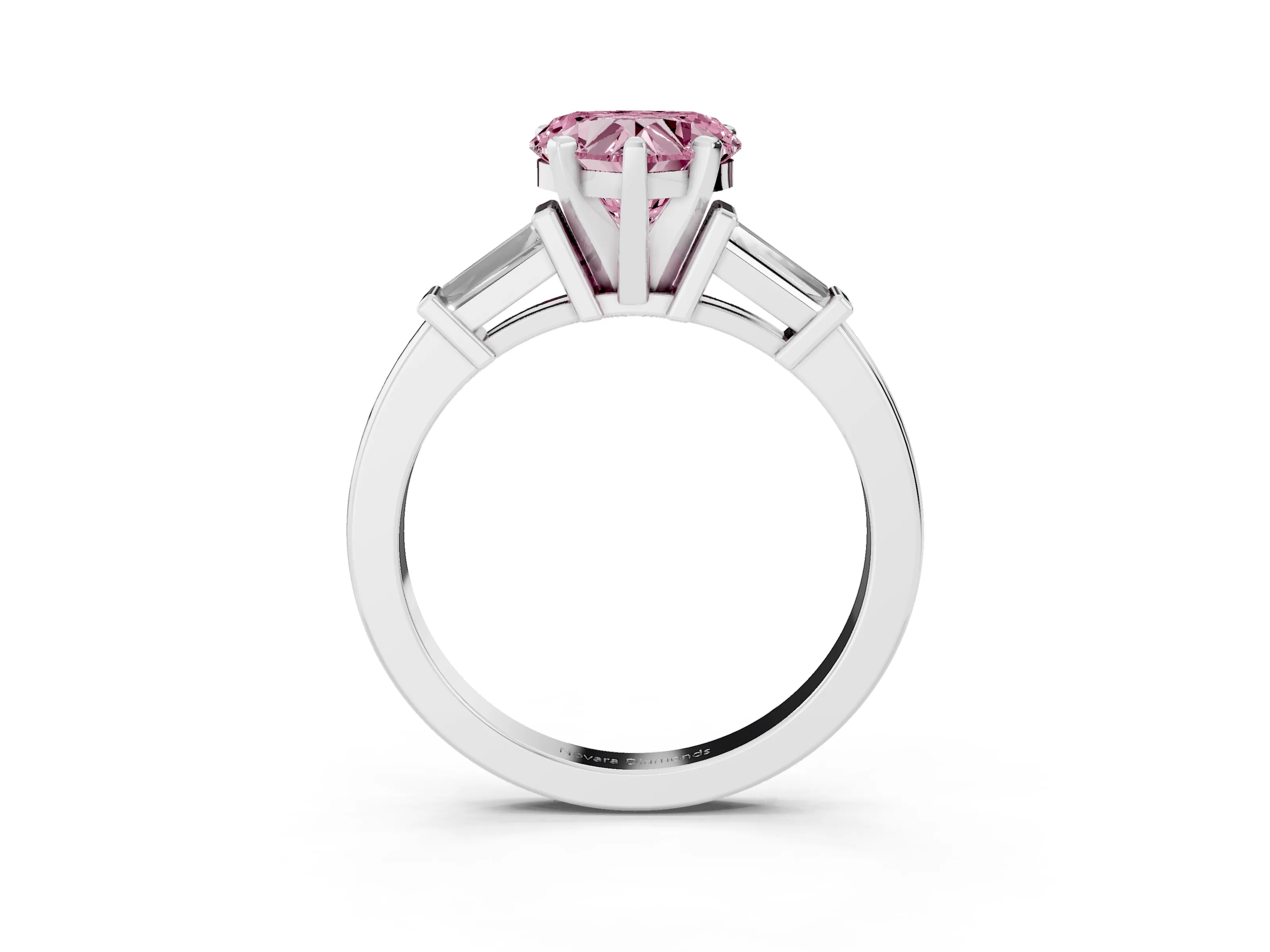 Fancy Pink Heart Cut Diamond Solitaire Ring Set in Silver with Tapered Baguette Accents and Prong Setting