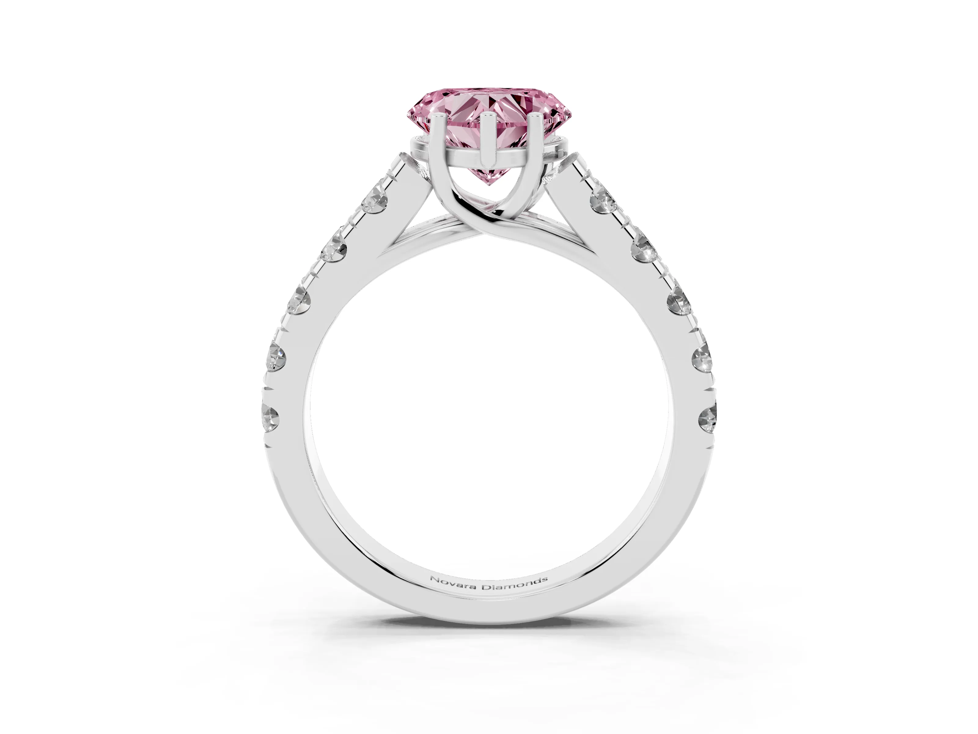 Fancy Pink Heart Cut Diamond Solitaire Ring Set in White gold with Cut-Down Micro Pavé Band and Prong Setting