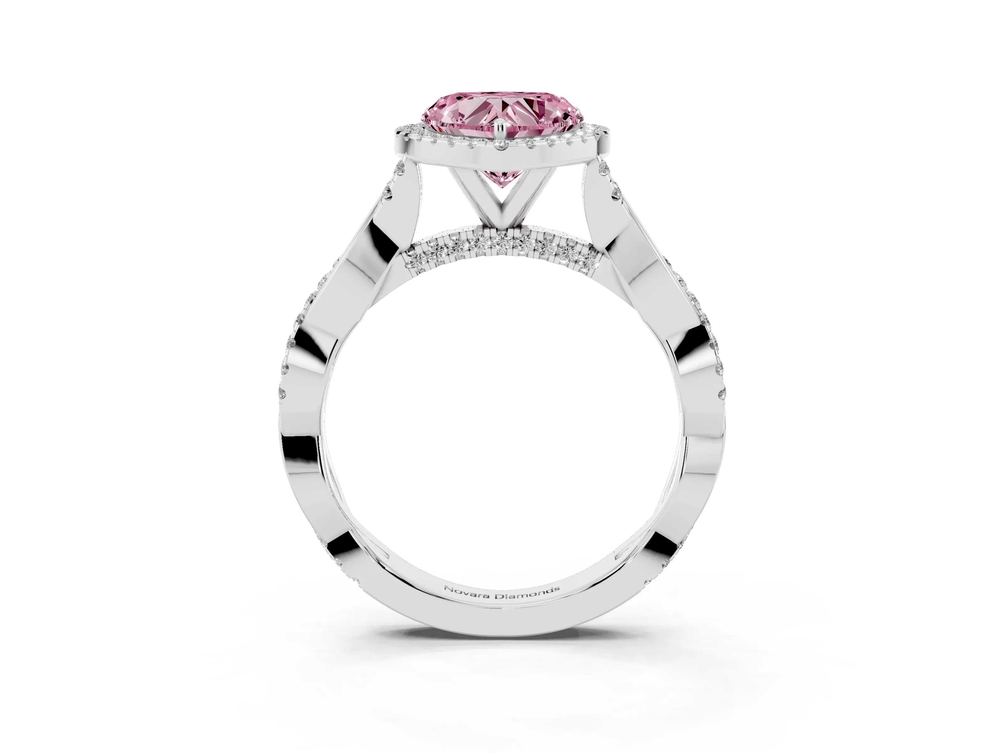 Fancy Pink Heart Cut Diamond Halo Twist Band Solitaire Ring Set in White gold with Prong Setting