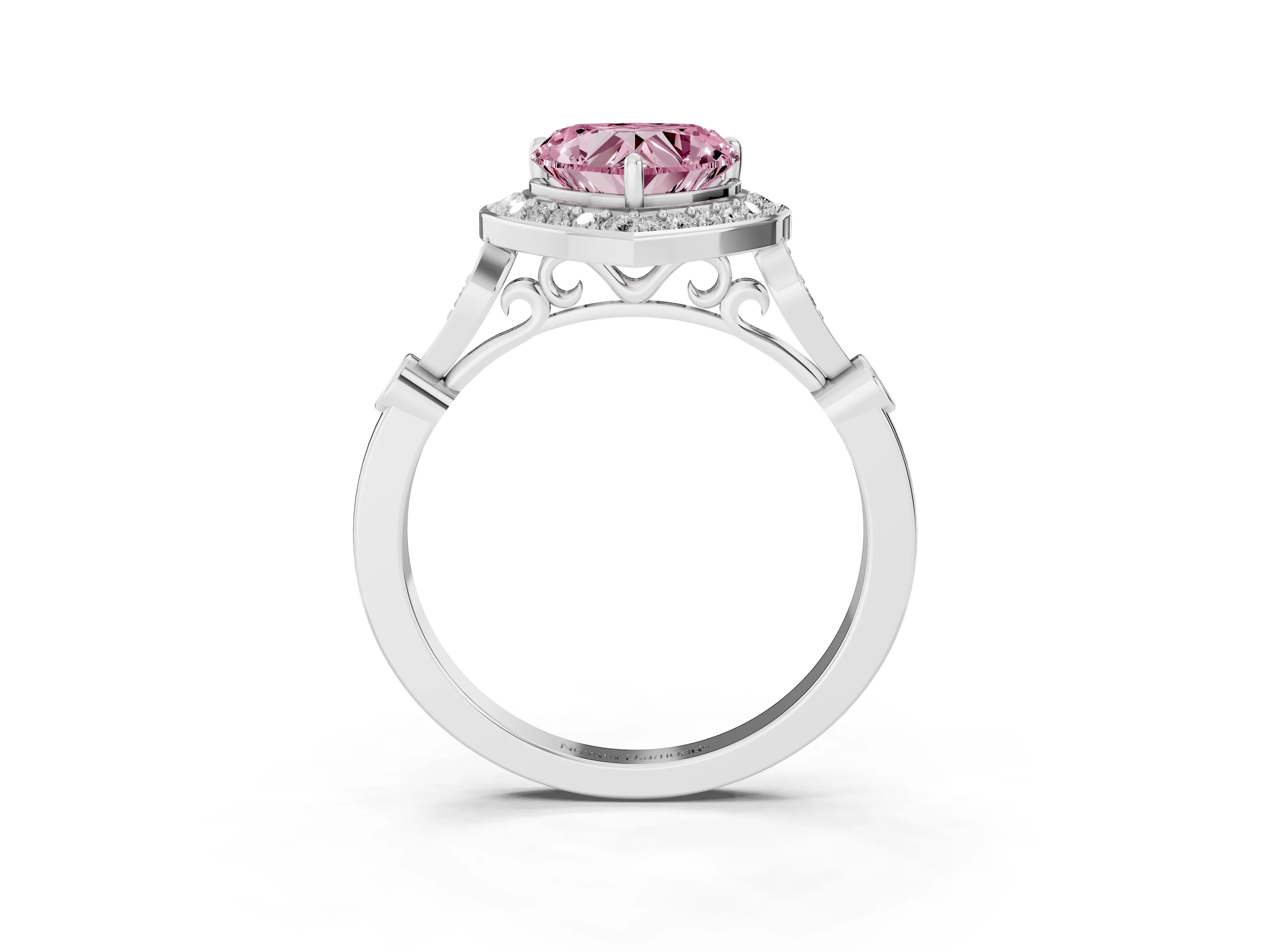Fancy Pink Heart Cut Diamond Halo Engagement Ring Set in Platinum with Twisted Band and Prong Setting