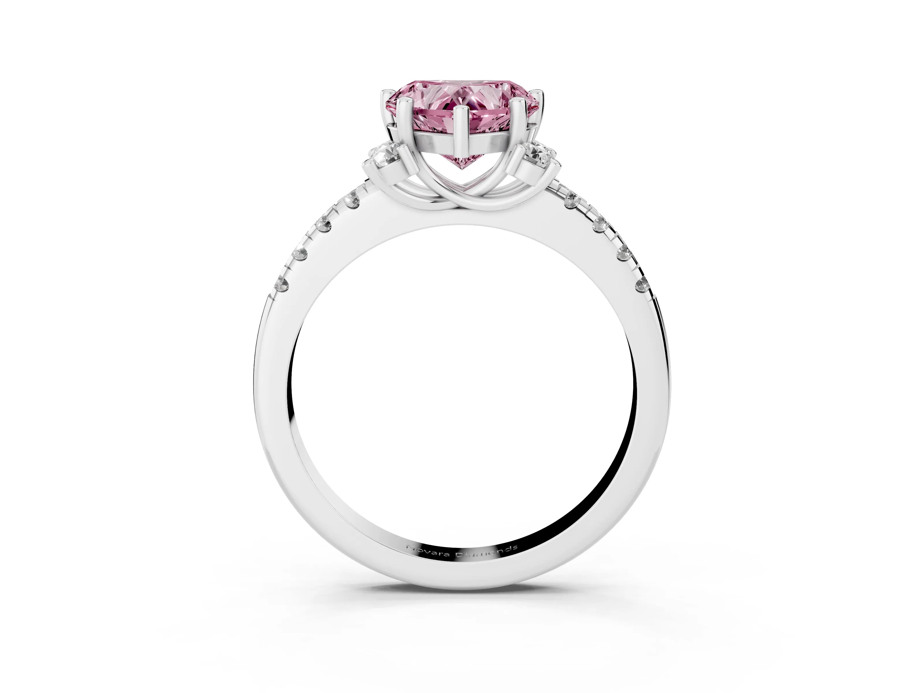 Fancy Pink Heart Cut Diamond Three-Stone Pavé Ring Set in Silver with Prong Setting