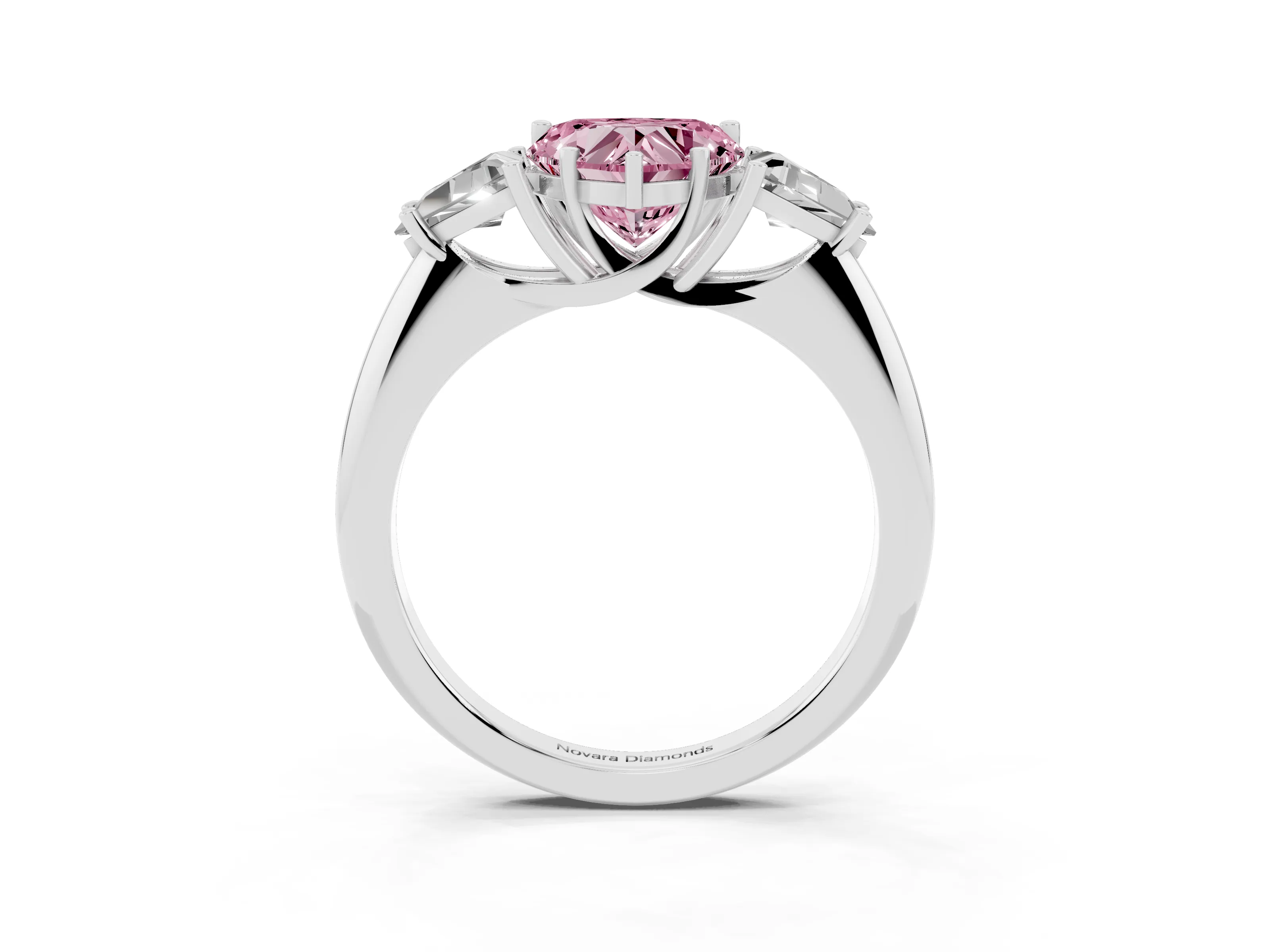 Fancy Pink Heart Cut Diamond Three-Stone Engagement Ring Set in White gold with Trillion Side Stones