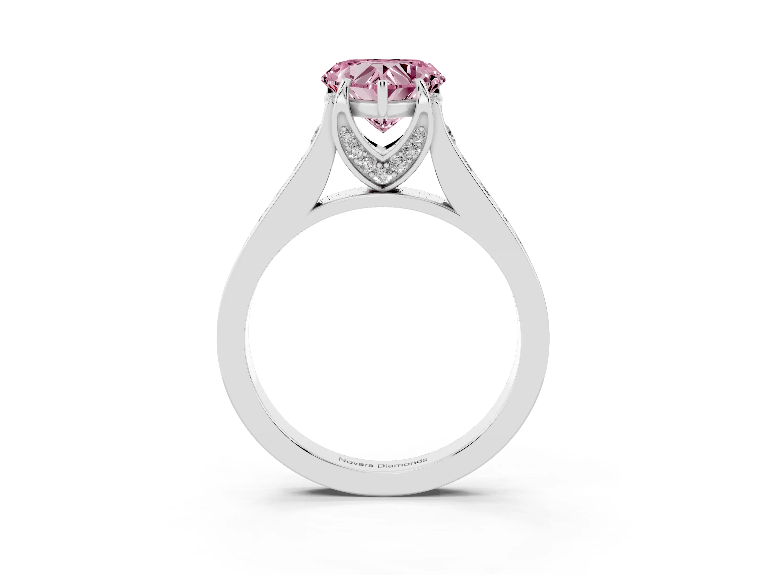 Fancy Pink Heart Cut Diamond Solitaire Pavé Engagement Ring Set in Platinum with Prong Setting
