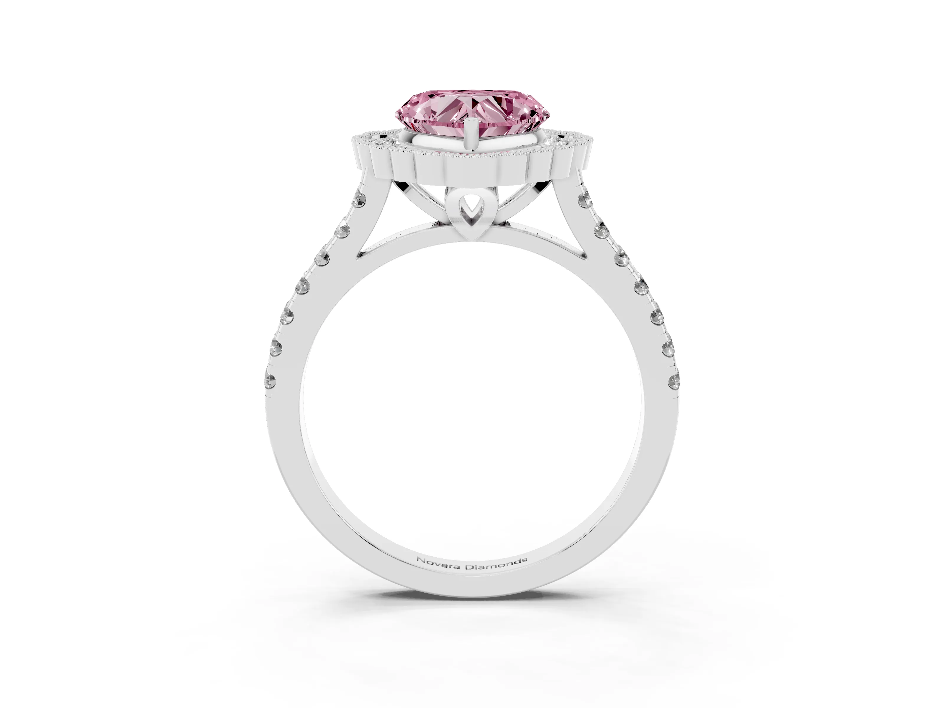 Fancy Pink Heart Cut Diamond Milgrain Floral Halo Engagement Ring Set in White gold with Pavé Band