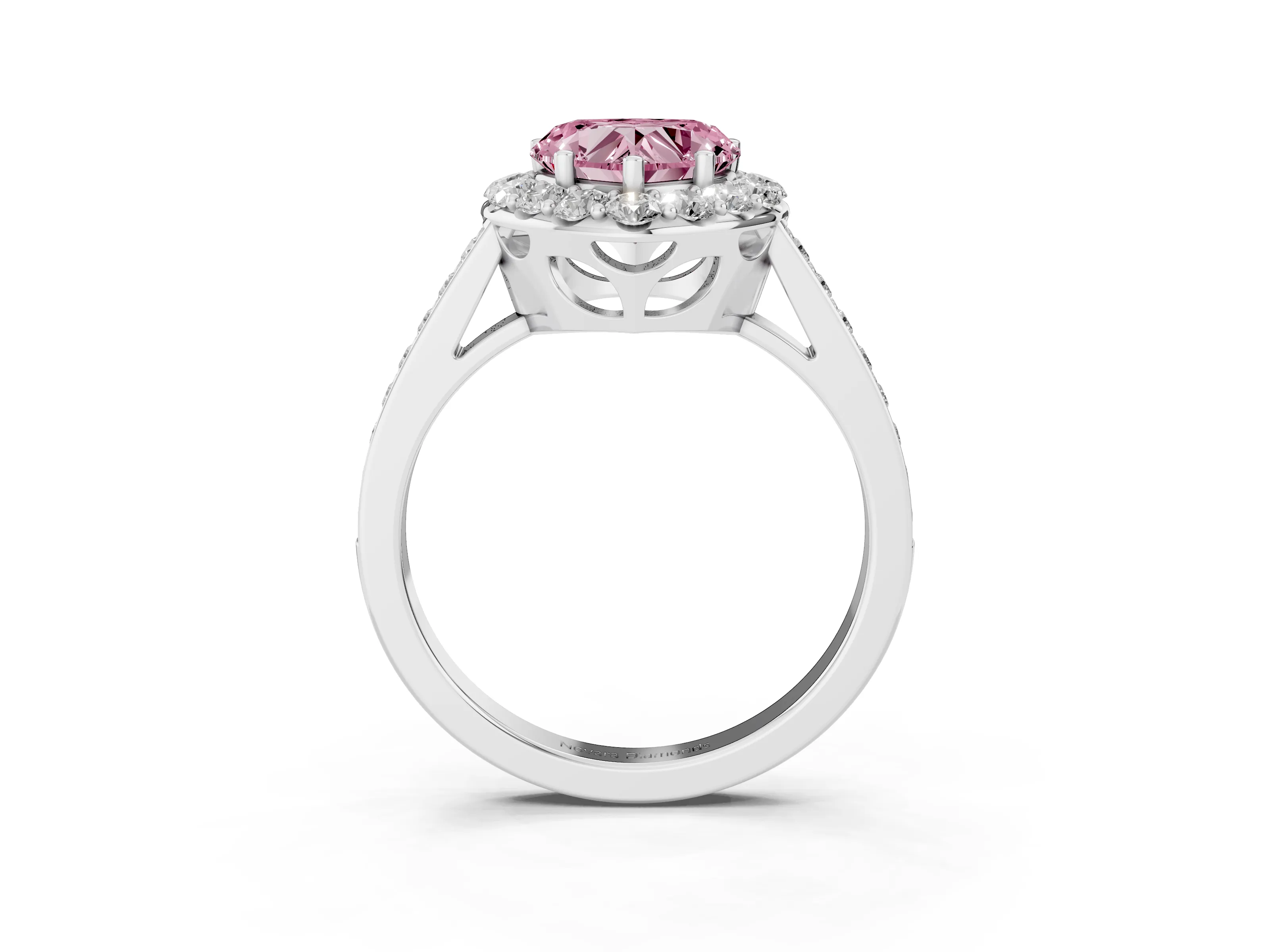 Fancy Pink Heart Cut Diamond Floral Halo Ring Set in White gold with Pavé Band and Prong Setting