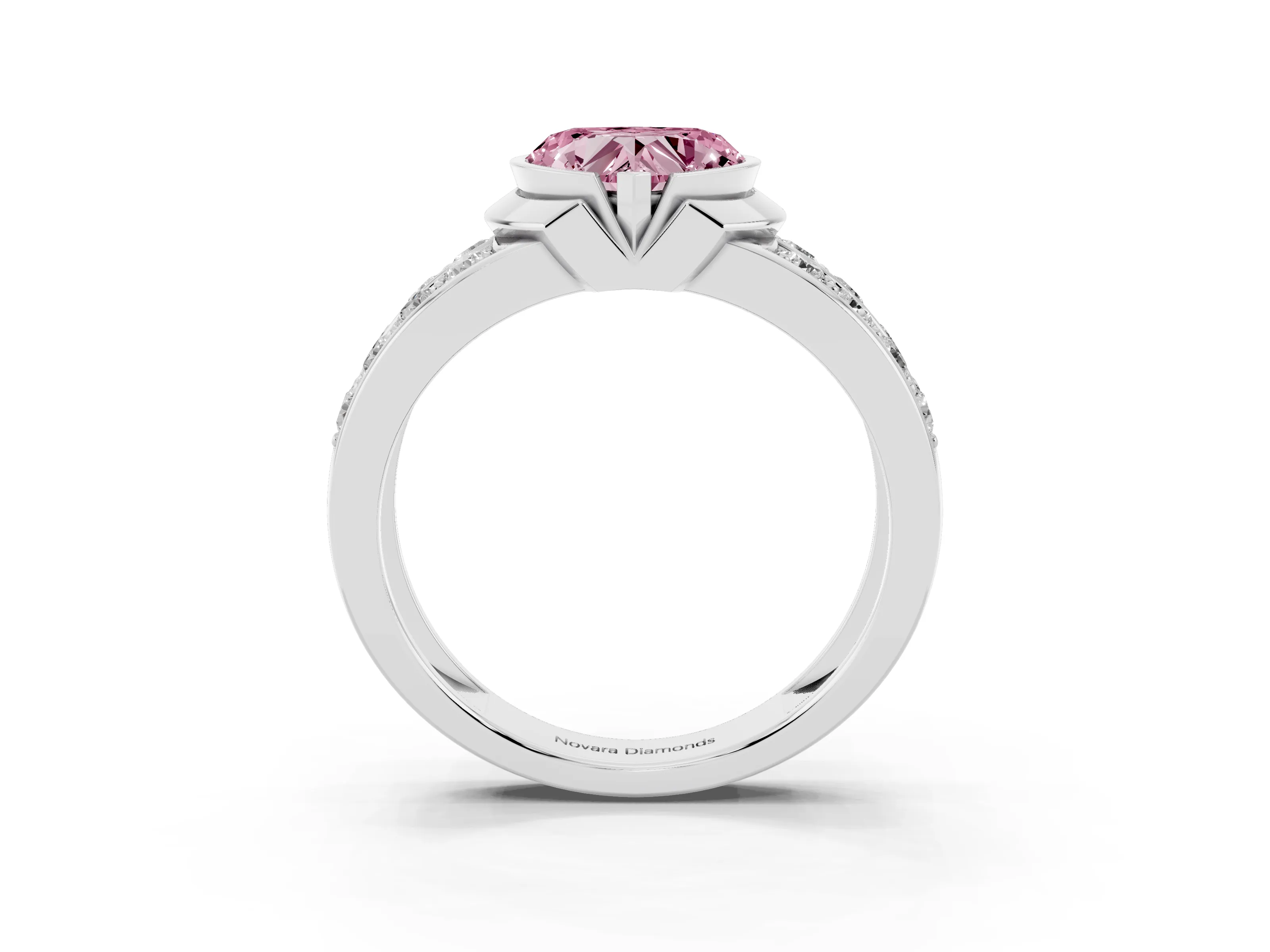 Fancy Pink Heart Cut Diamond Wide Channel Set Band Ring Set in White gold with Bezel Setting