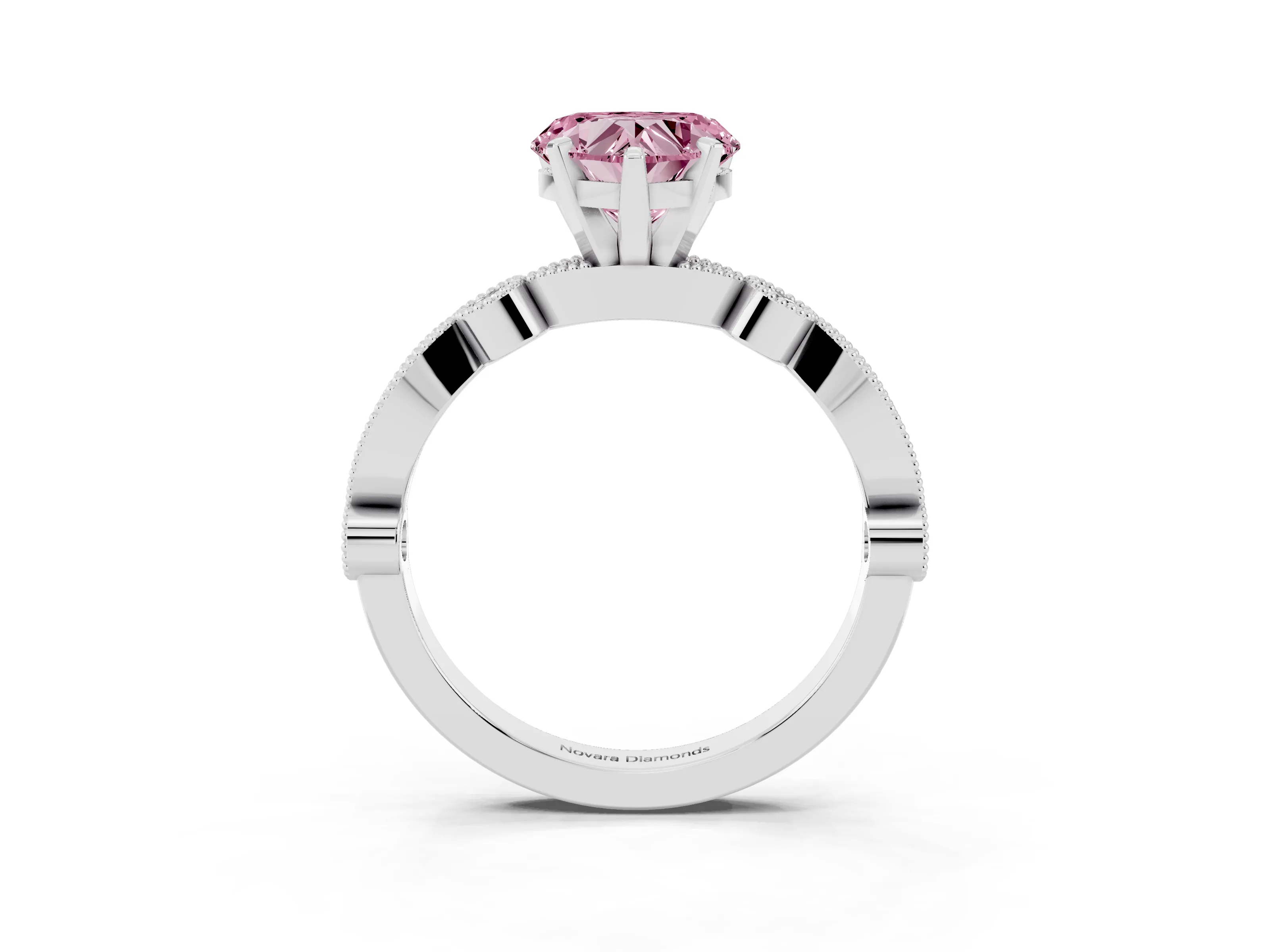 Fancy Pink Heart Cut Diamond Solitaire Engagement Ring Set in Silver with Milgrain Bezel Accent Band