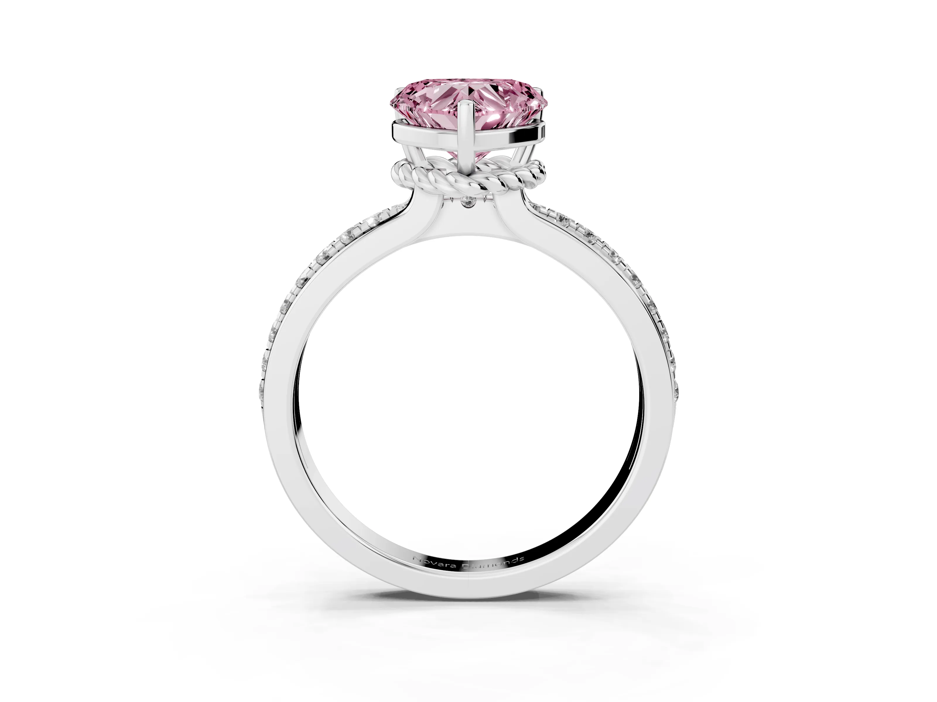 Fancy Pink Heart Cut Diamond Solitaire Ring Set in White gold with Channel Set Band and Prong Setting