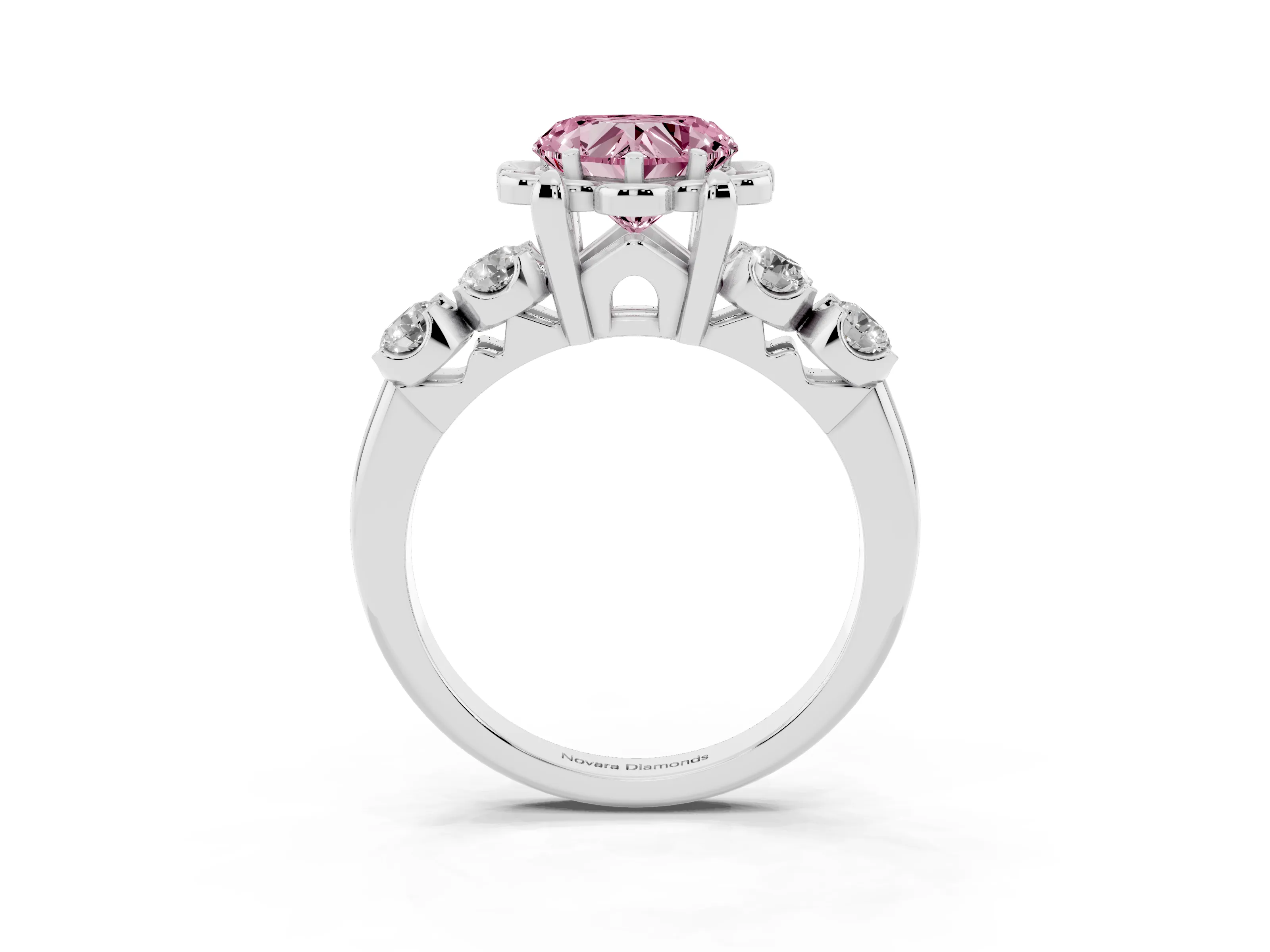 Fancy Pink Heart Cut Diamond Floral Halo Ring Set in Silver with Shared Prong Band