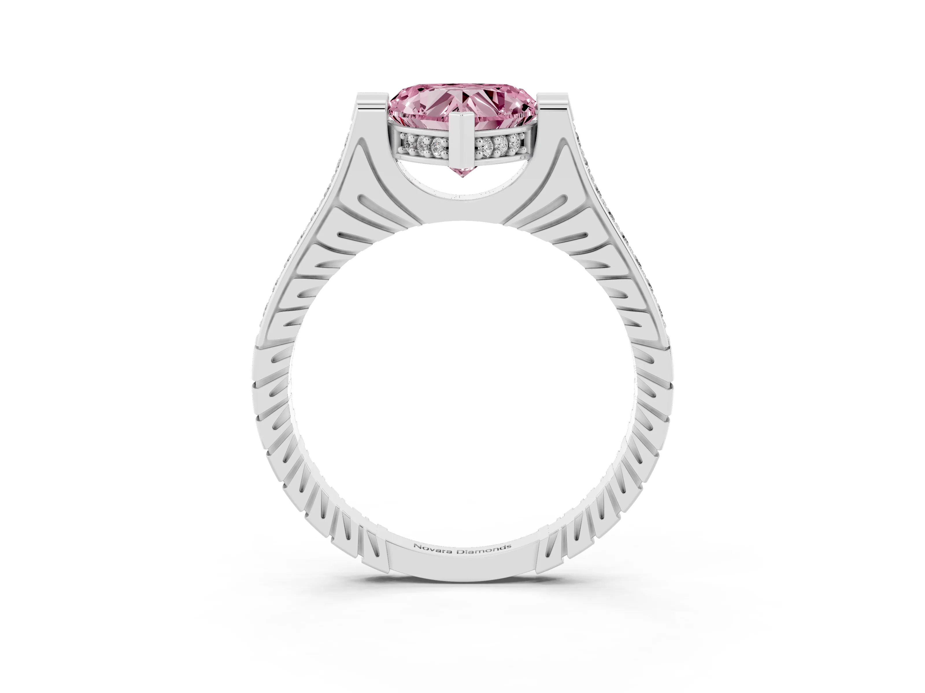 Fancy Pink Heart Cut Diamond Solitaire Ring Set in White gold with Channel Set Band and Bezel Prong Setting