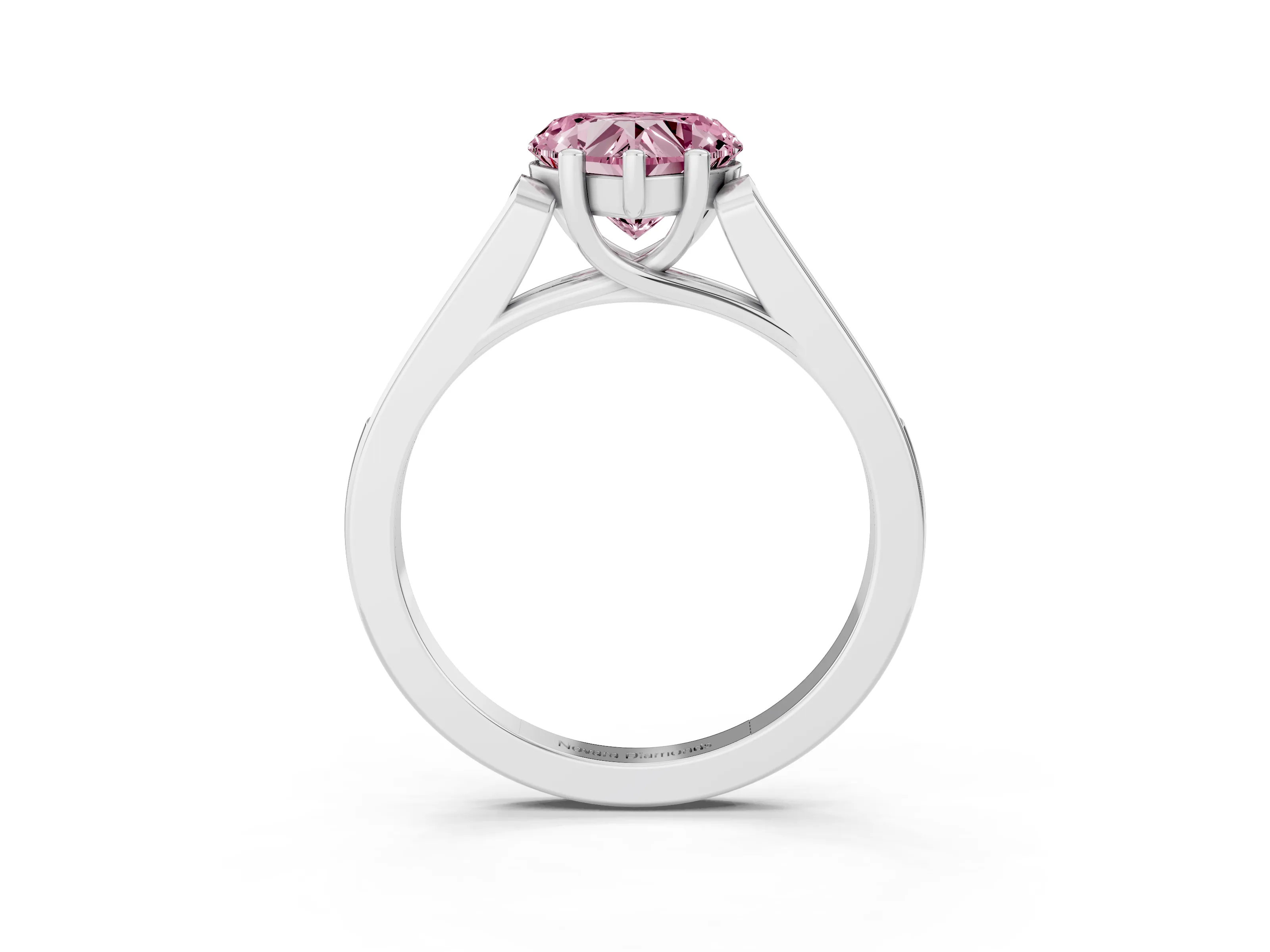 Fancy Pink Heart Cut Diamond Solitaire Cathedral Engagement Ring Set in White gold with Channel-Set Band and Prong Setting