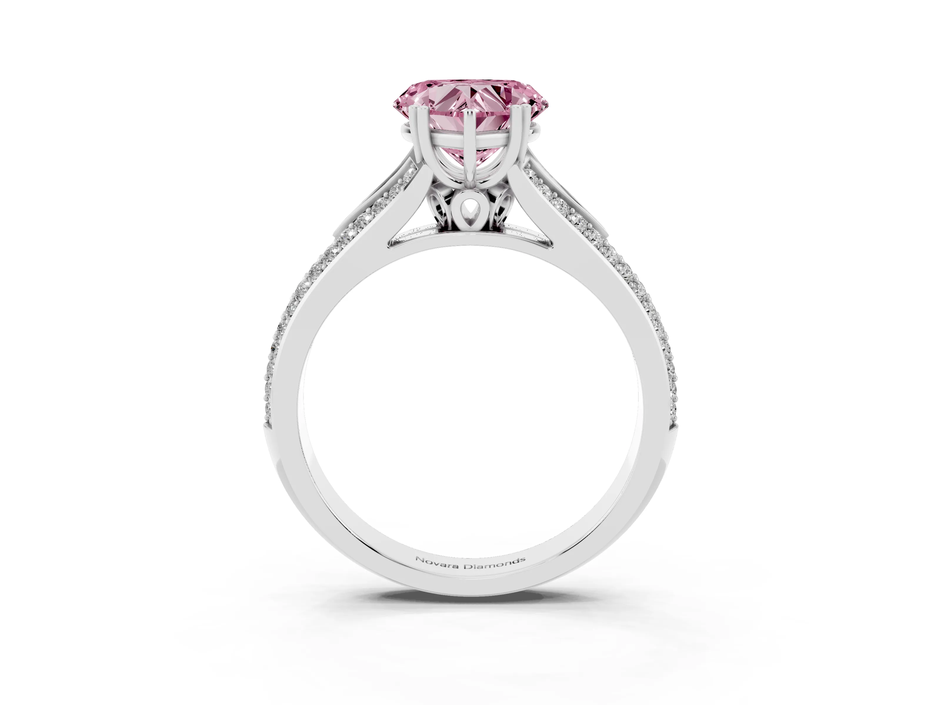 Fancy Pink Heart Cut Diamond Split Shank Pavé Engagement Ring Set in White gold with Prong-Set Center Stone