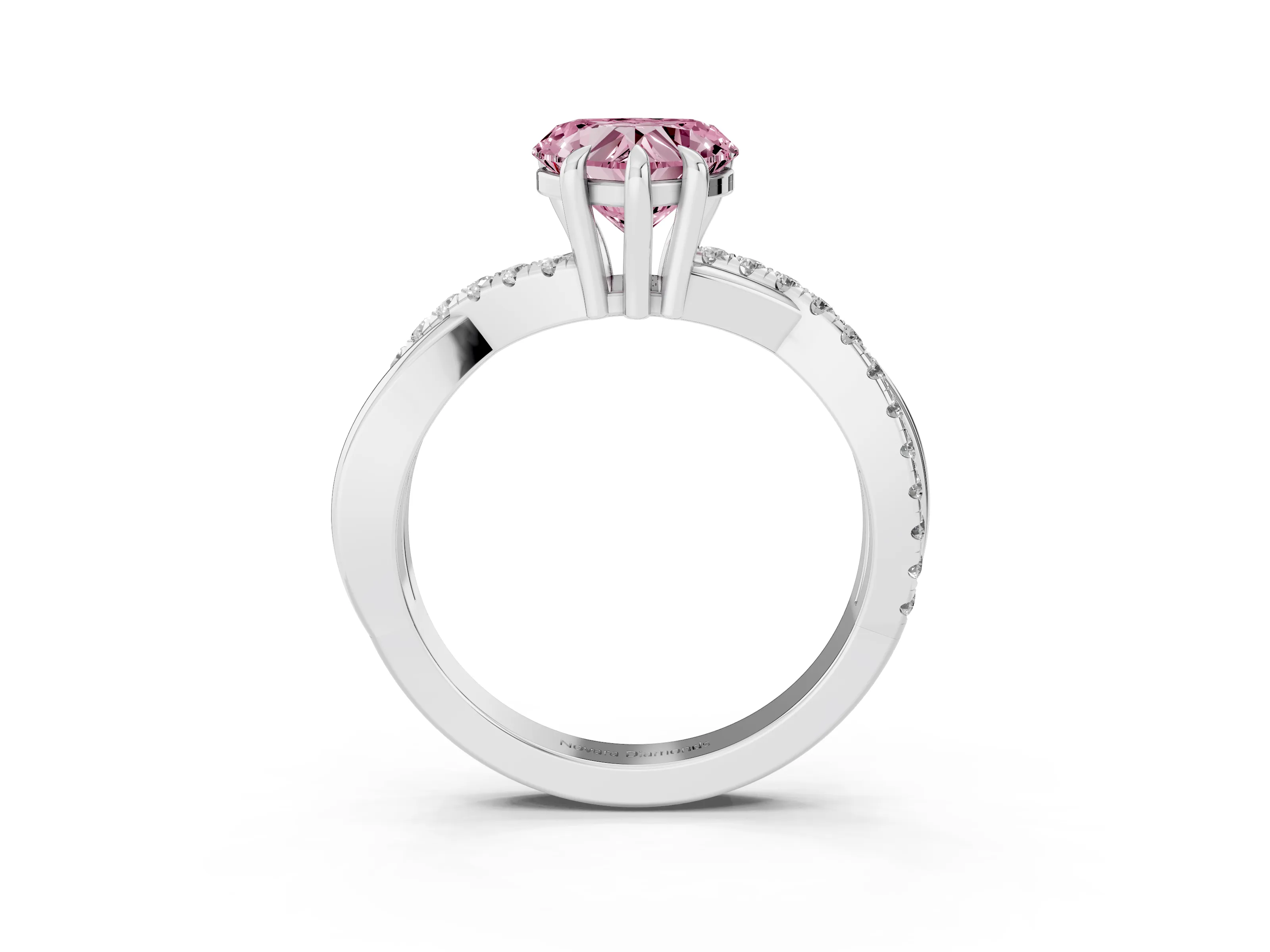 Fancy Pink Heart Cut Diamond Twist Band Solitaire Set in White gold with Pavé Accents and Prong Setting